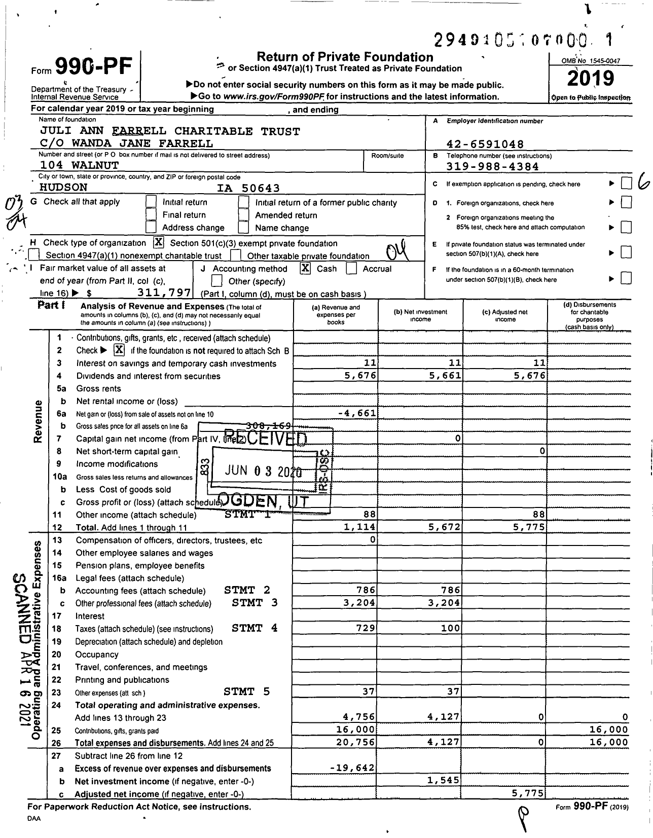 Image of first page of 2019 Form 990PF for Juli Ann Farrell Charitable Trust