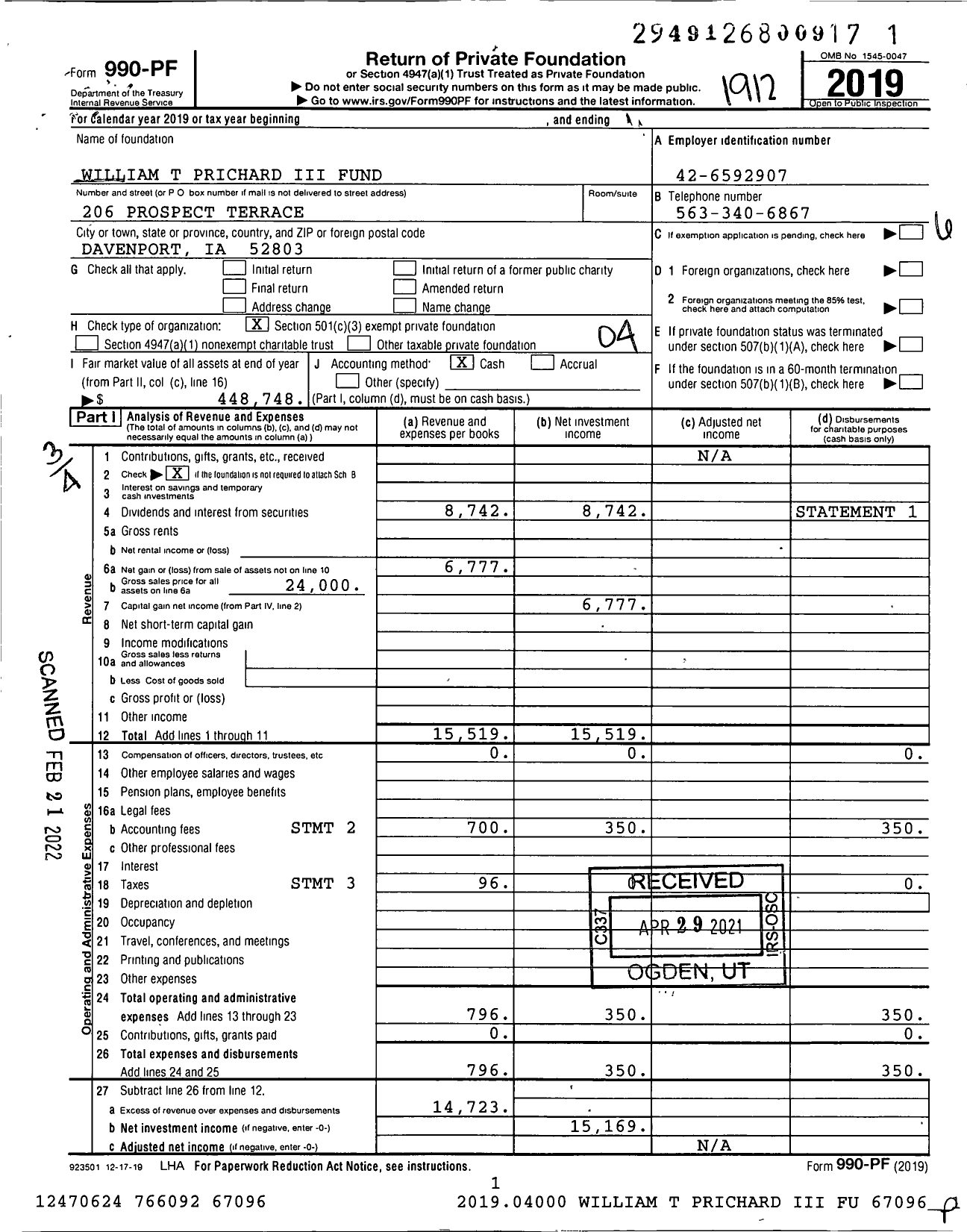 Image of first page of 2019 Form 990PF for The Prichard Family Charitable Trust