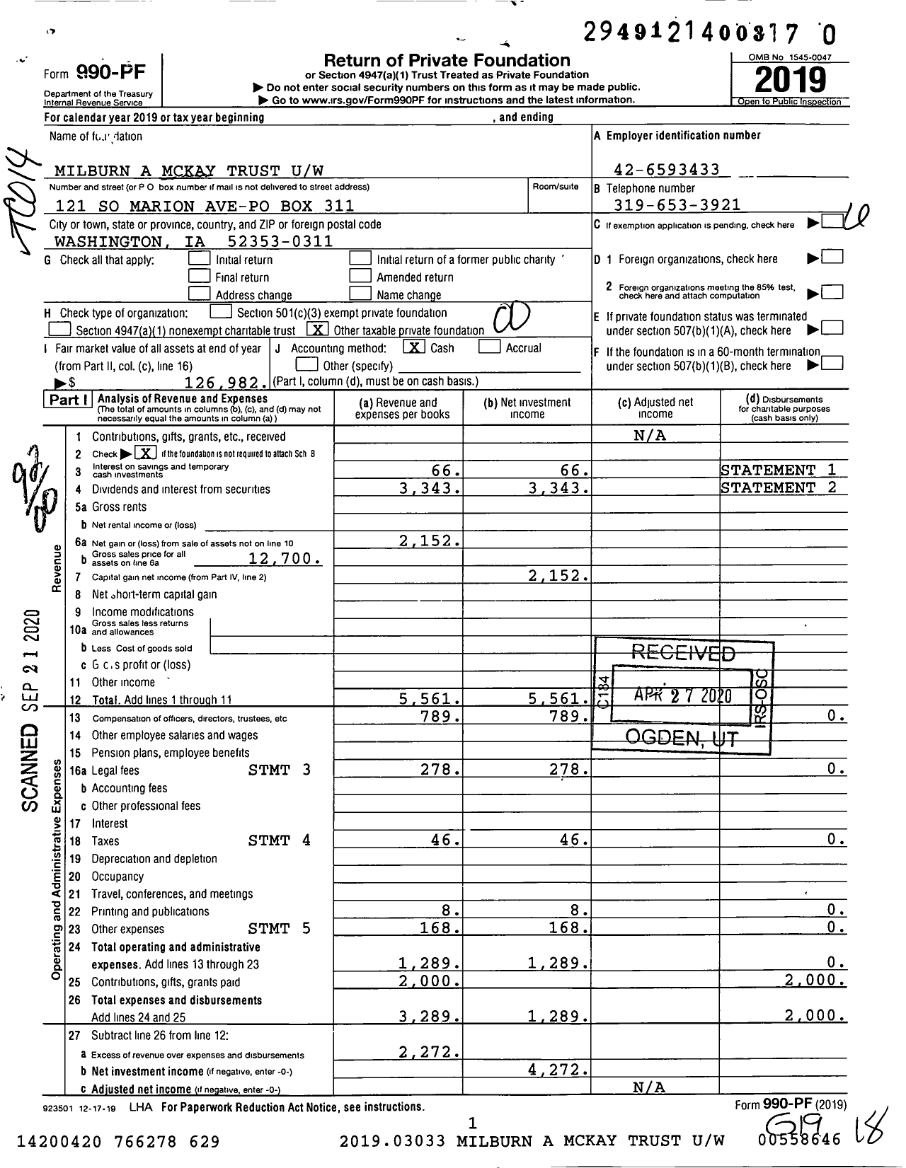 Image of first page of 2019 Form 990PR for Milburn A Mckay Trust Uw