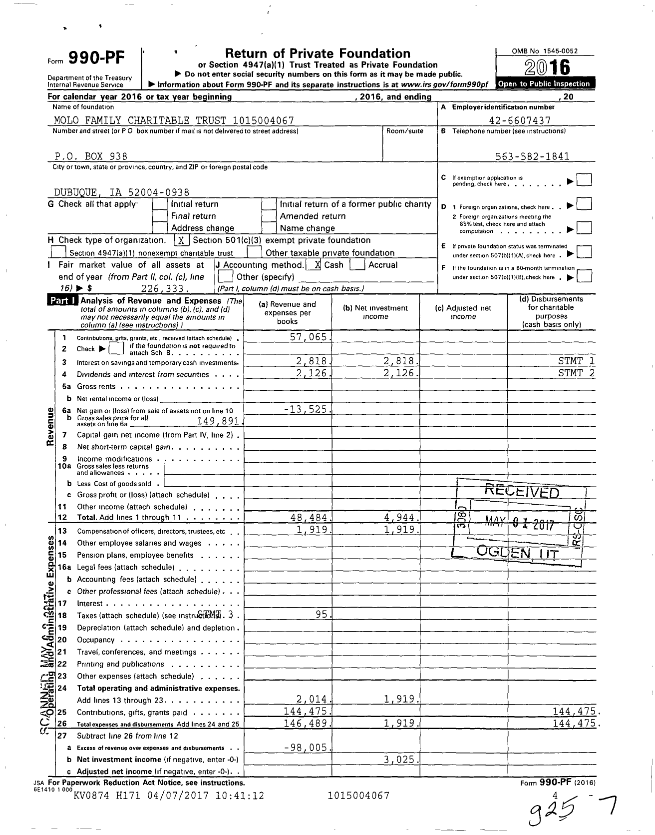 Image of first page of 2016 Form 990PF for Molo Family Charitable Trust 1015004067