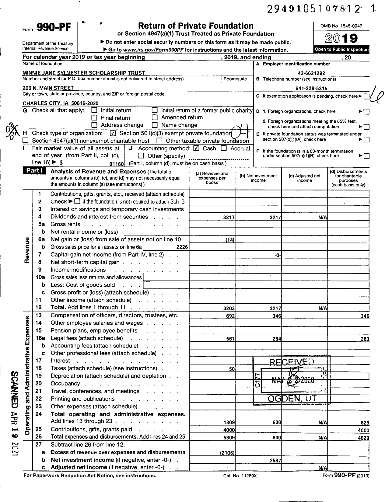 Image of first page of 2019 Form 990PF for Minnie Jane Sylvester Scholarship Trust