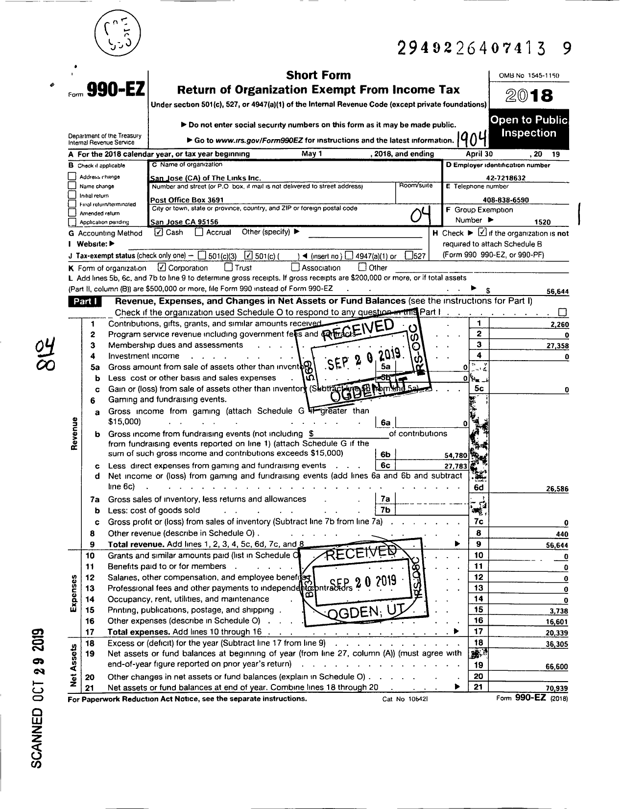 Image of first page of 2018 Form 990EO for Links San Jose