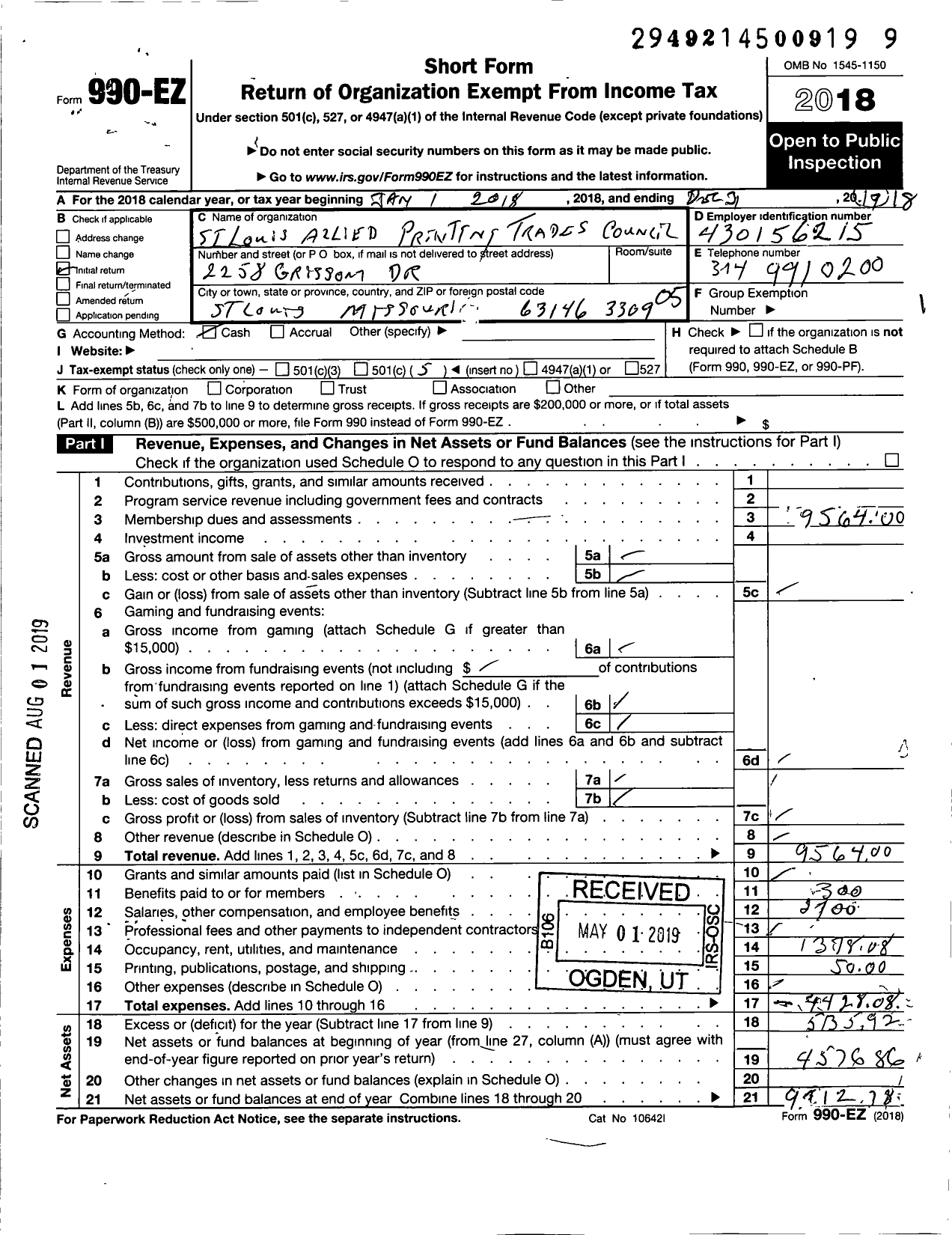 Image of first page of 2018 Form 990EO for St Louis Allied Printing Trades