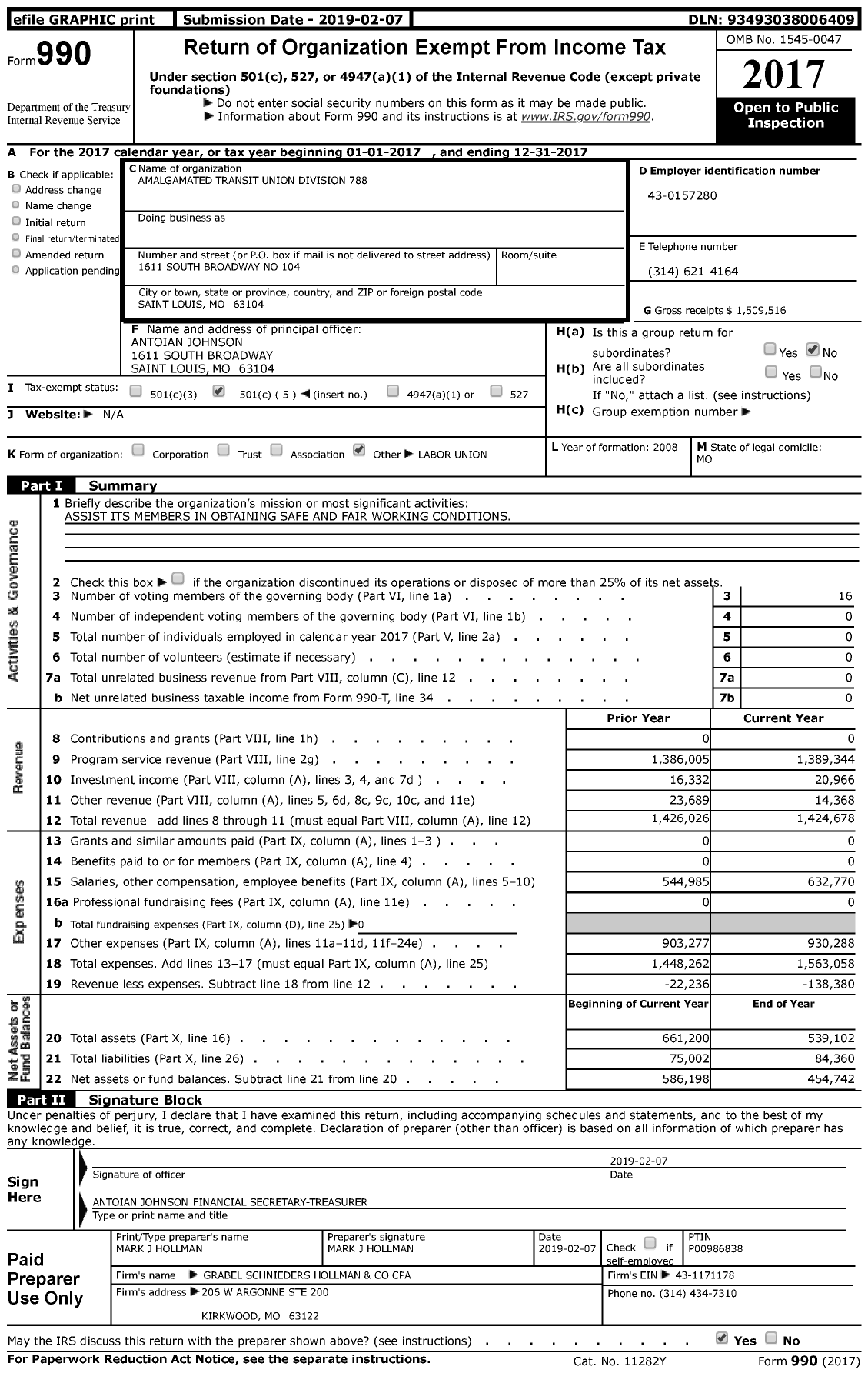Image of first page of 2017 Form 990 for Amalgamated Transit Union Division 788