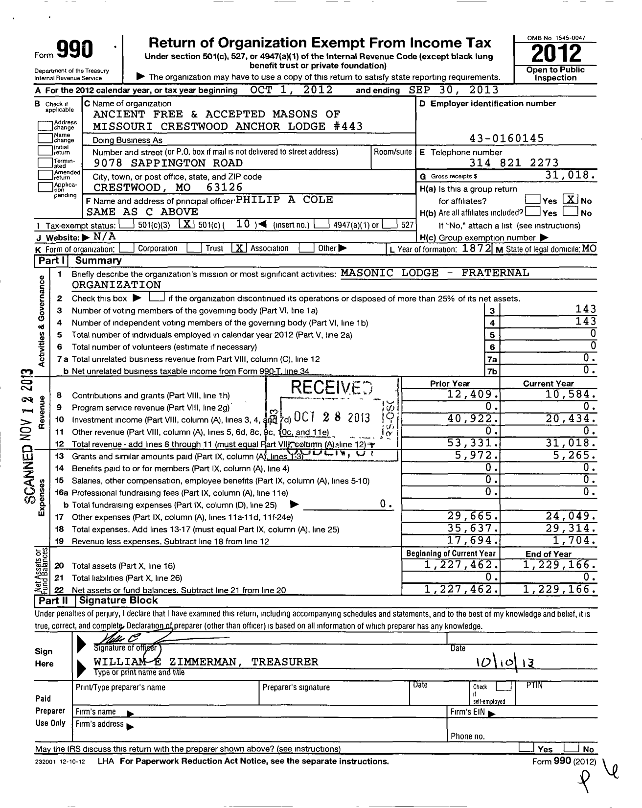 Image of first page of 2012 Form 990O for Ancient Free and Accepted Masons of Missouri - 443 Crestwood Anchor Lodge