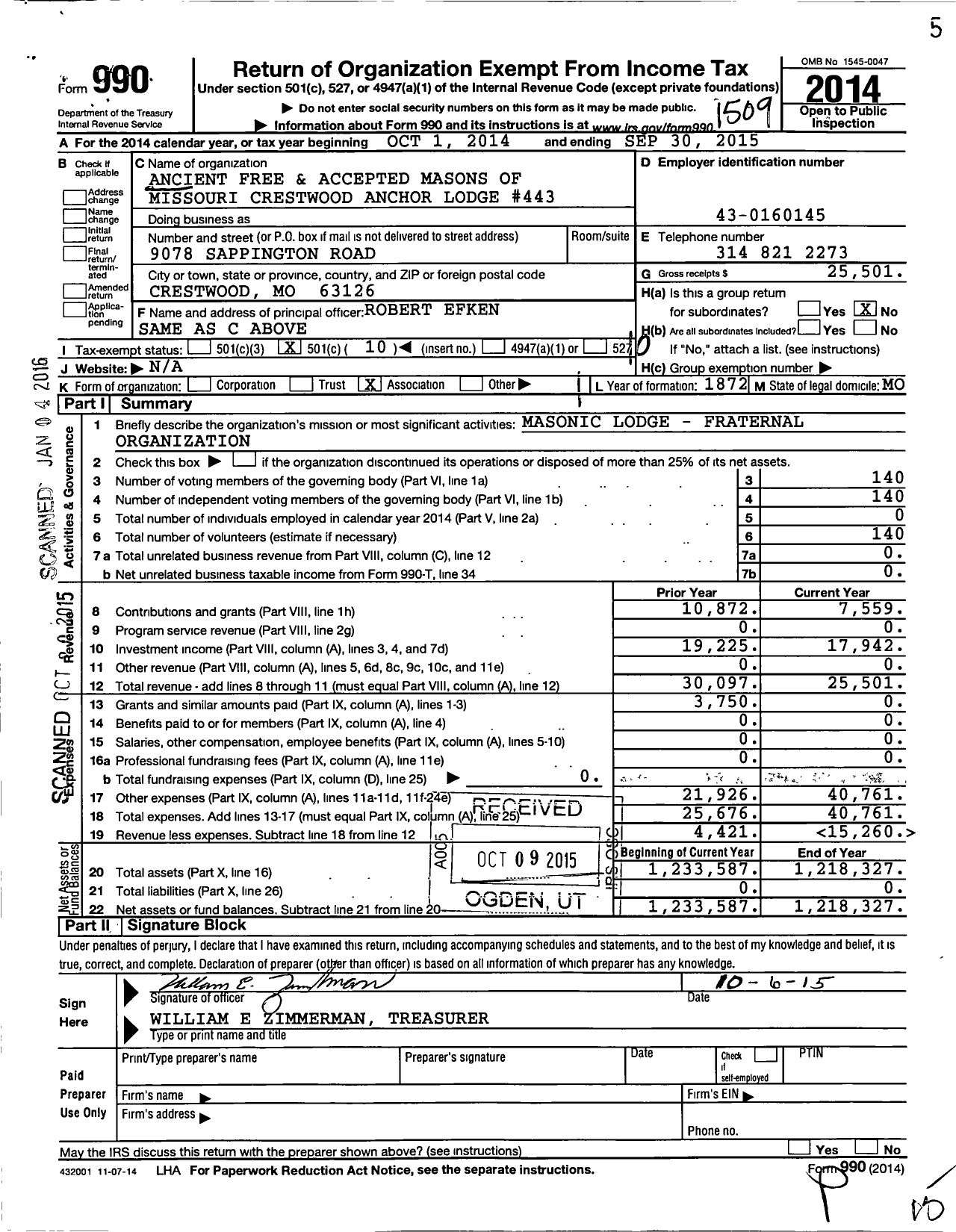 Image of first page of 2014 Form 990O for Ancient Free and Accepted Masons of Missouri - 443 Crestwood Anchor Lodge