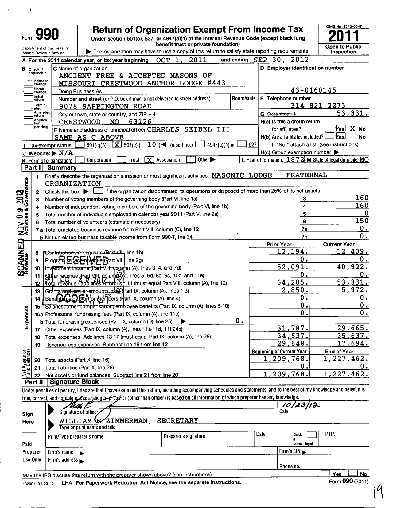 Image of first page of 2011 Form 990O for Ancient Free and Accepted Masons of Missouri - 443 Crestwood Anchor Lodge