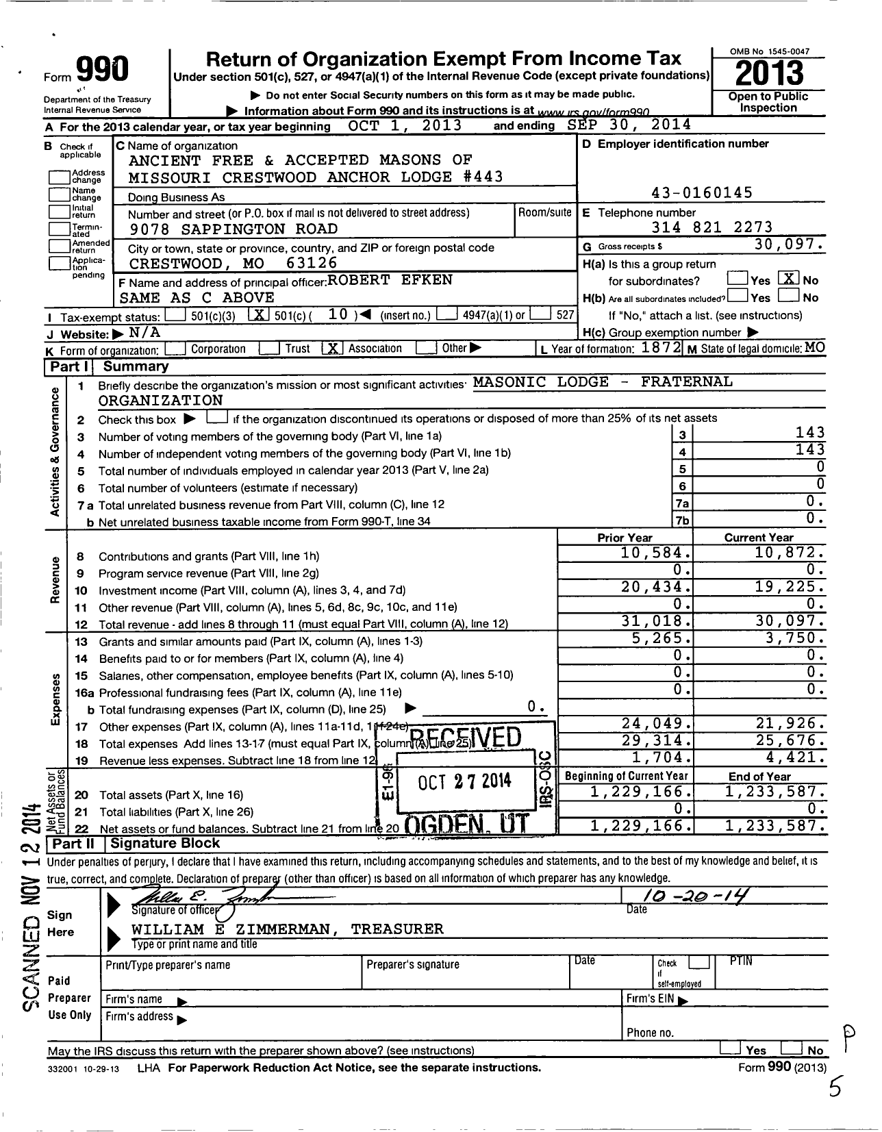 Image of first page of 2013 Form 990O for Ancient Free and Accepted Masons of Missouri - 443 Crestwood Anchor Lodge