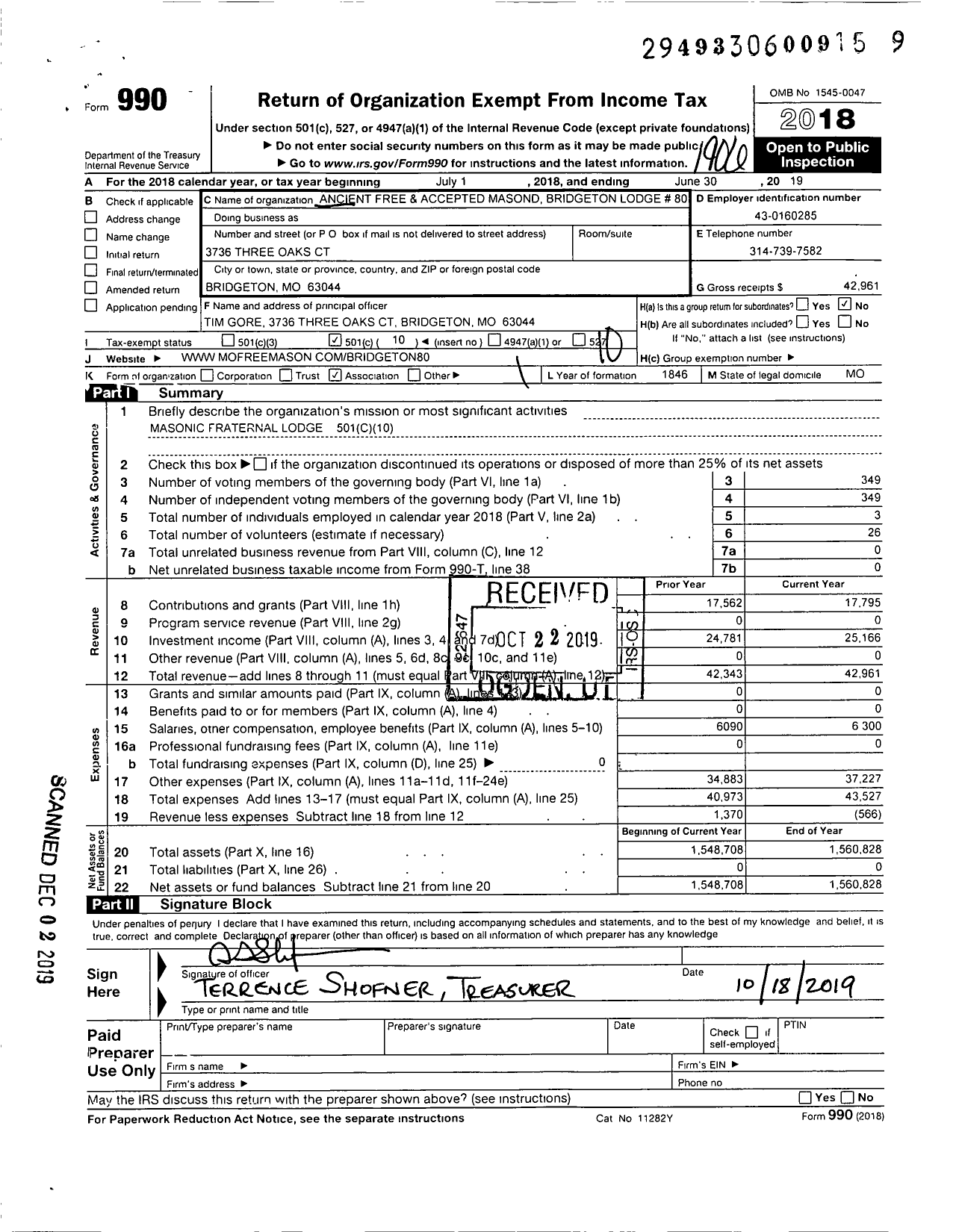 Image of first page of 2018 Form 990O for Ancient Free and Accepted Masons of Missouri - 80 Bridgeton Lodge