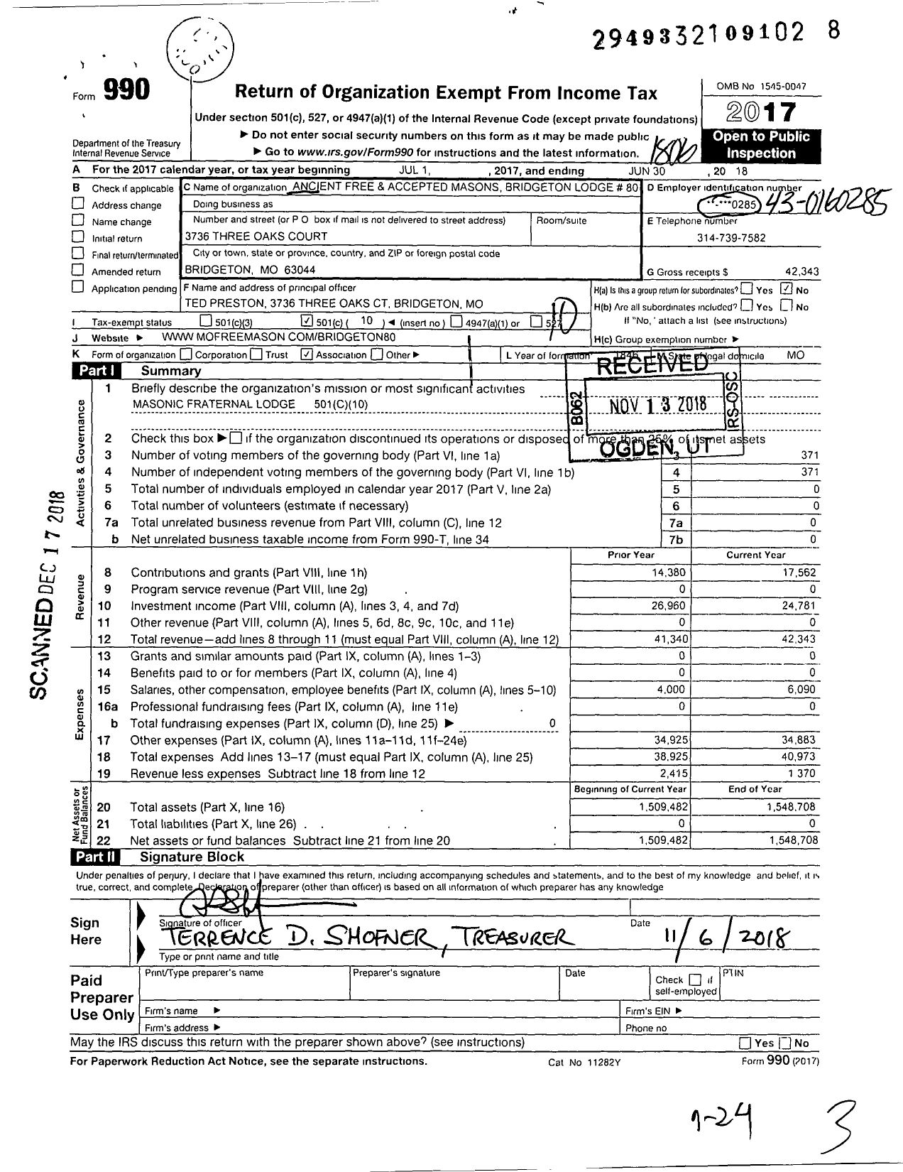 Image of first page of 2017 Form 990O for Ancient Free and Accepted Masons of Missouri - 80 Bridgeton Lodge