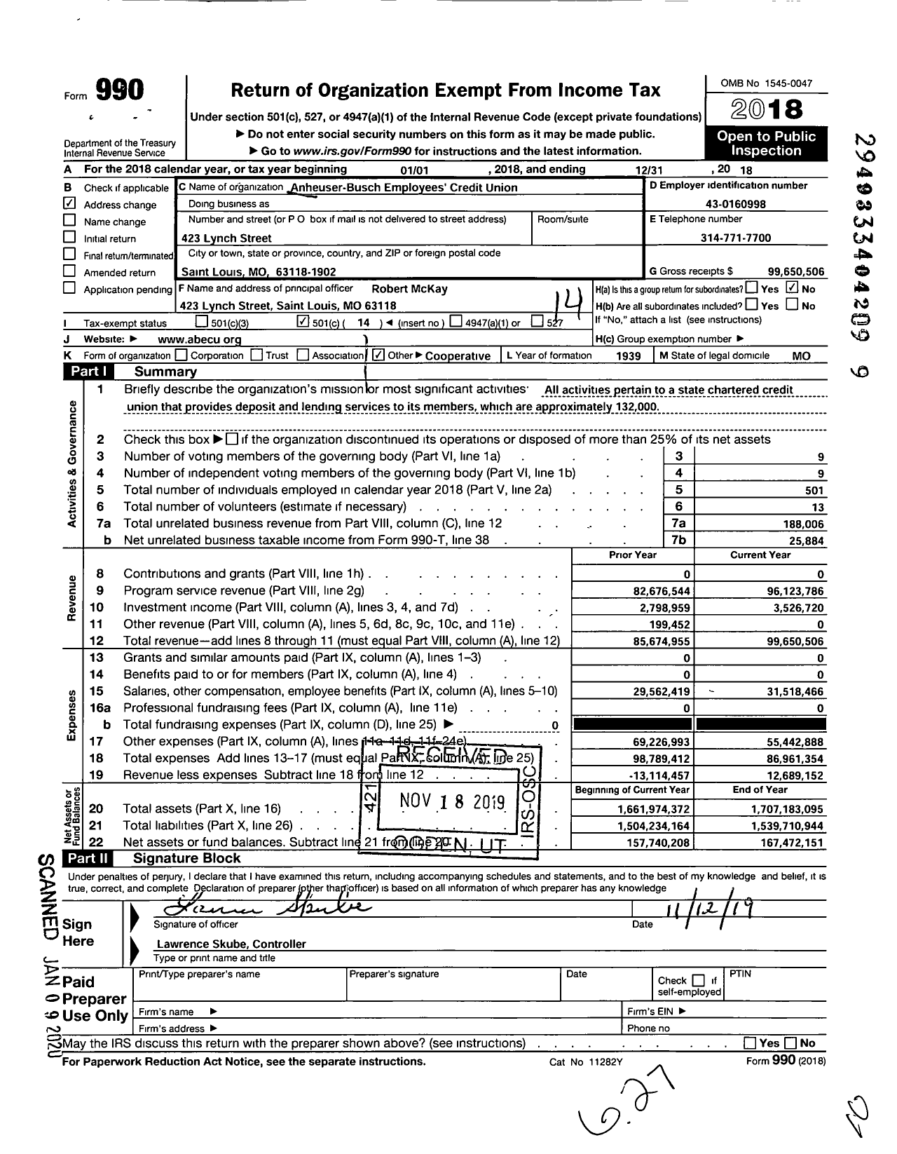 Image of first page of 2018 Form 990O for Together Credit Union