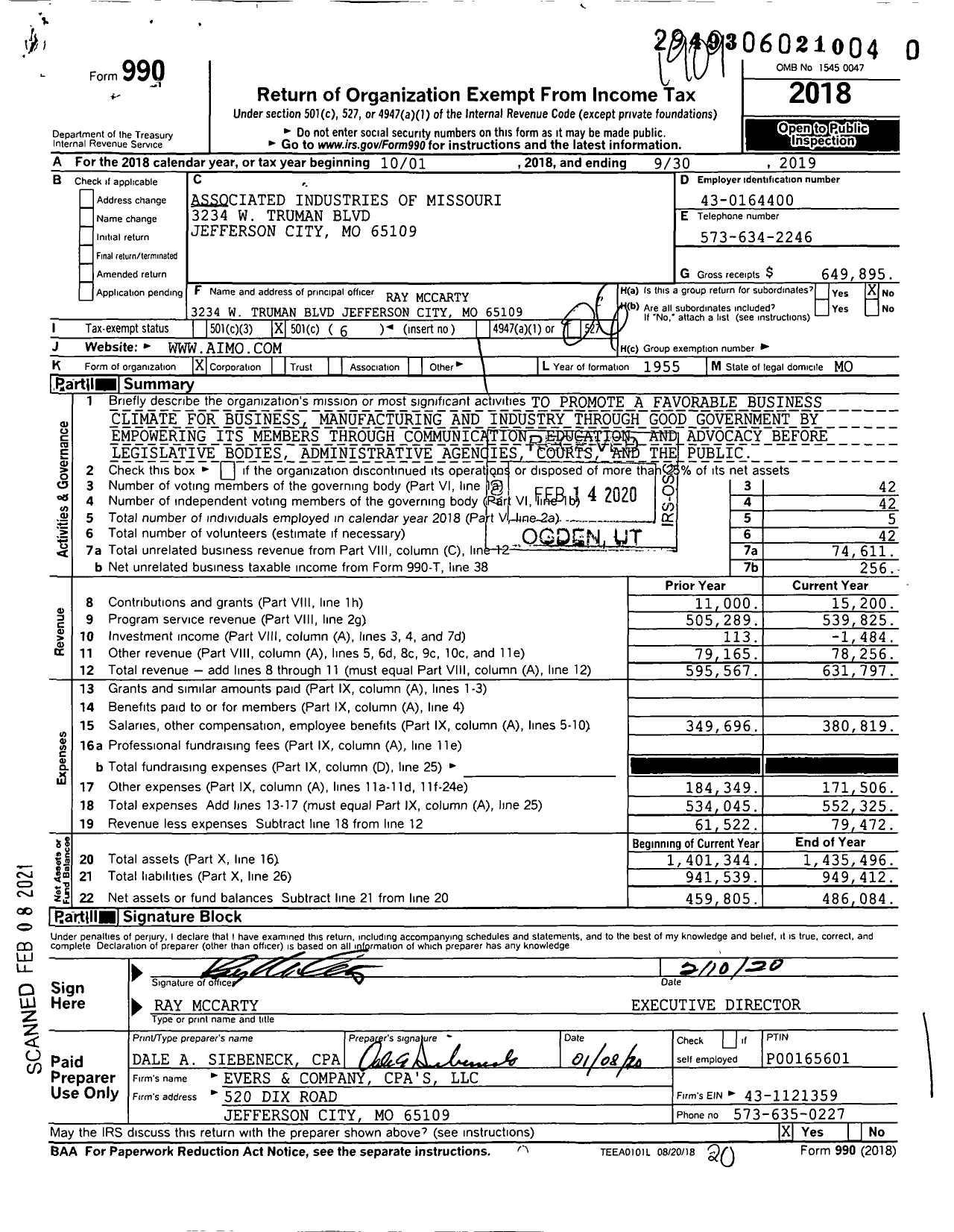 Image of first page of 2018 Form 990O for Associated Industries of Missouri