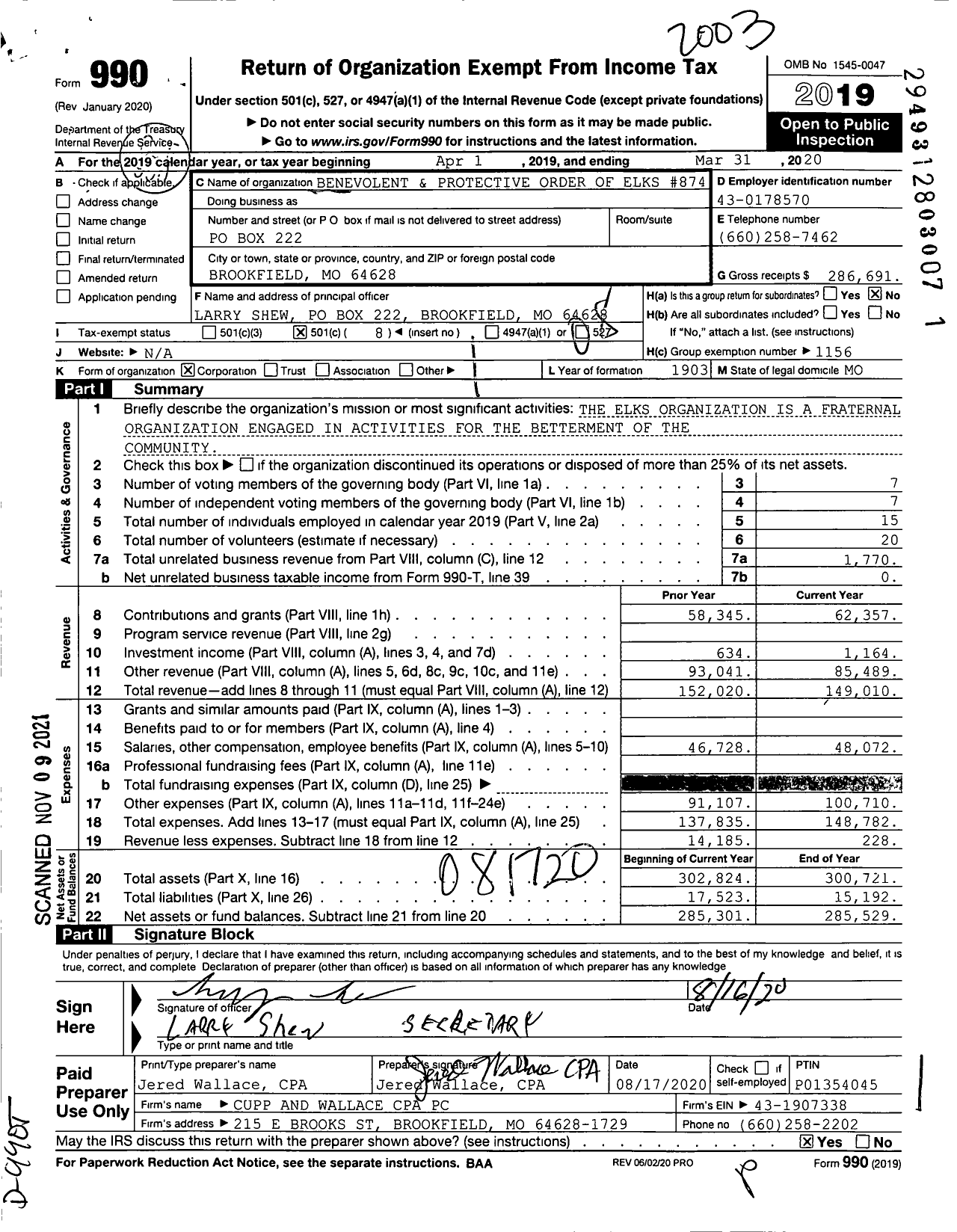 Image of first page of 2019 Form 990O for Benevolent and Protective Order of Elks - 874 Brookfield