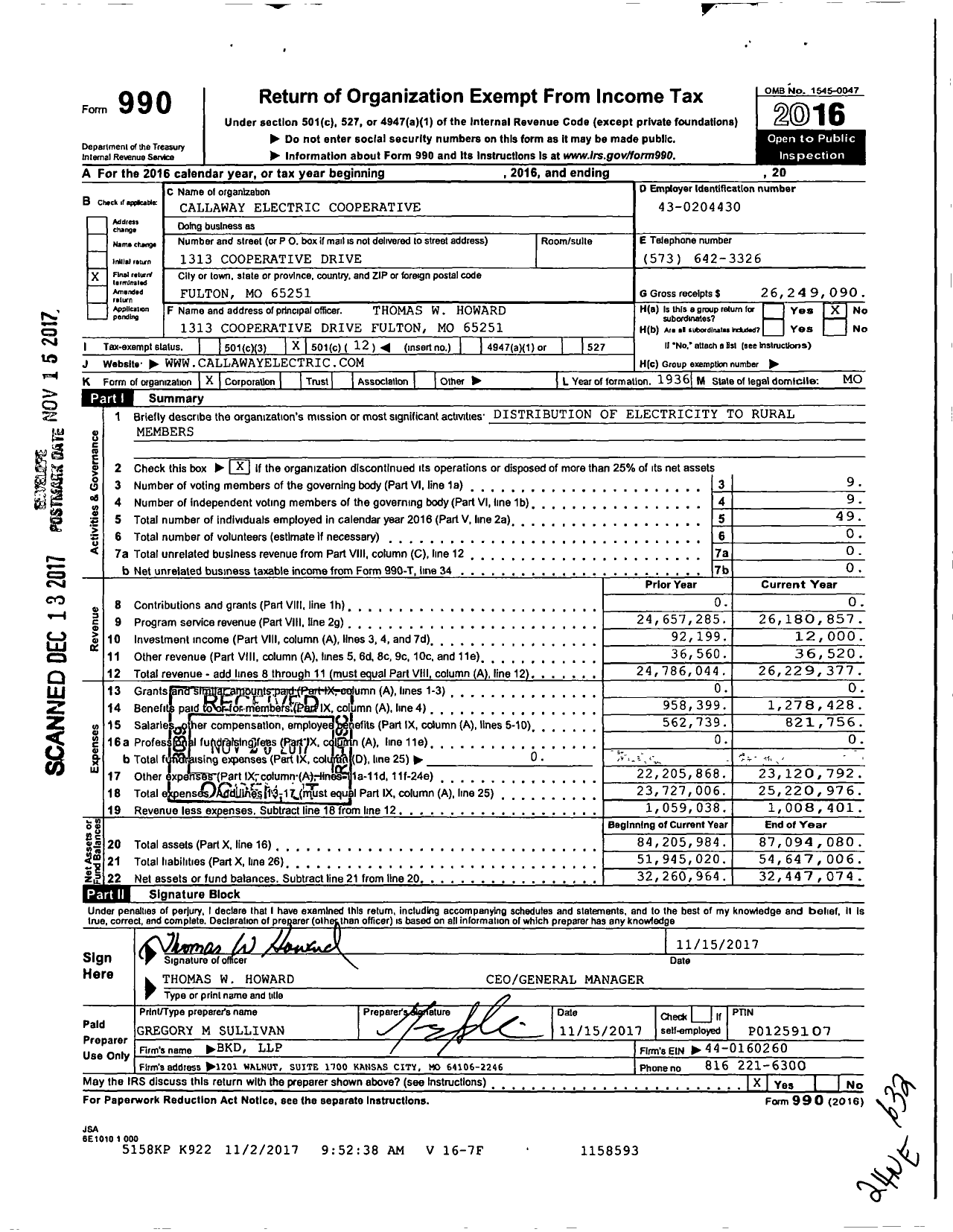 Image of first page of 2016 Form 990O for Callaway Electric Cooperative