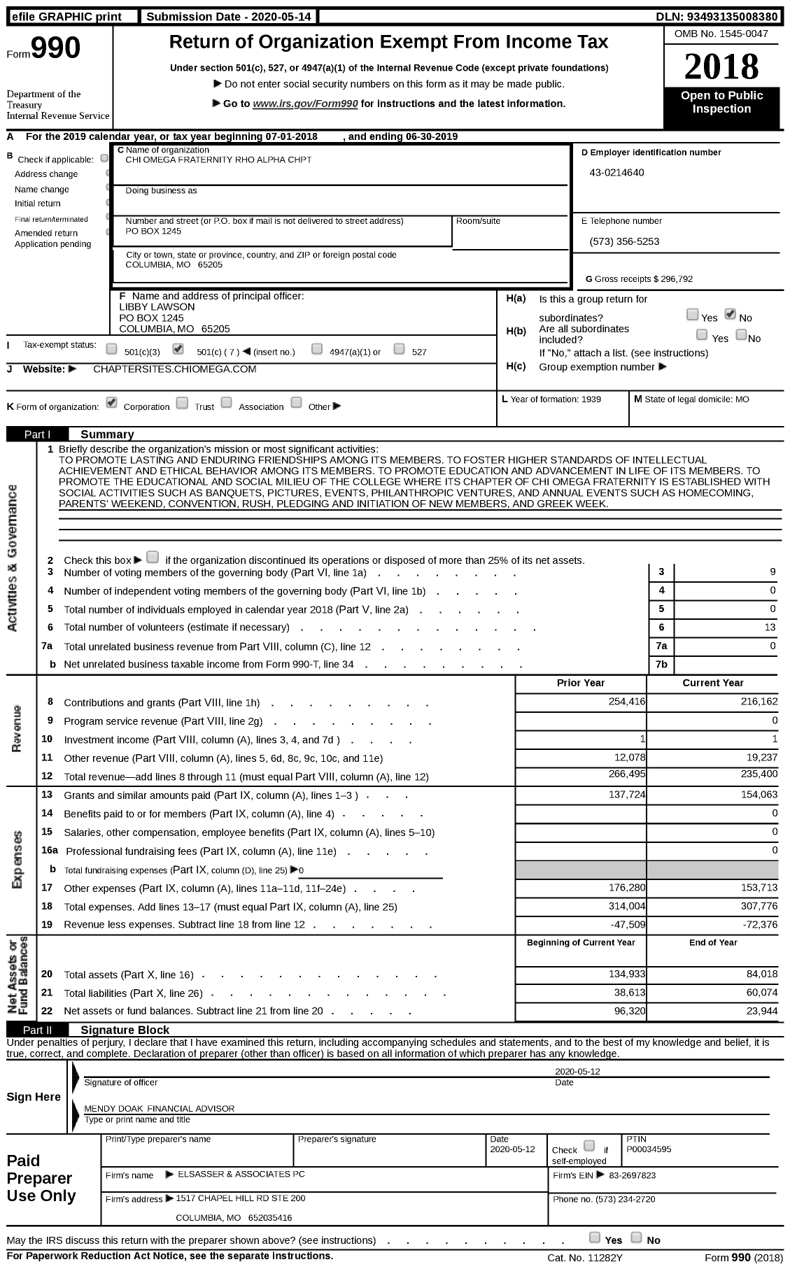 Image of first page of 2018 Form 990 for Chi Omega Fraternity - Rho Alpha Chapter