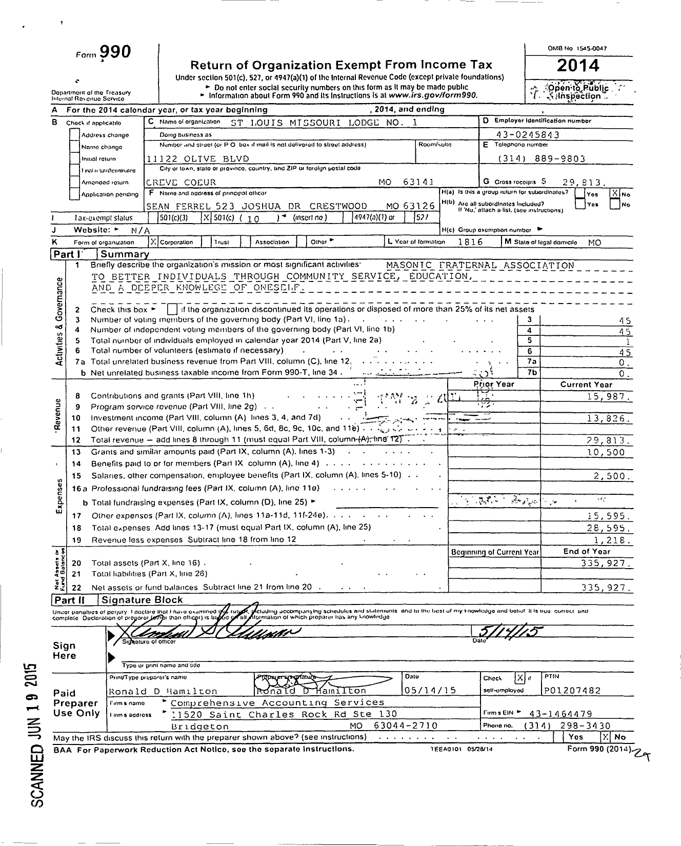 Image of first page of 2014 Form 990O for Ancient Free and Accepted Masons of Missouri - 1 St Louis Mo Lodge