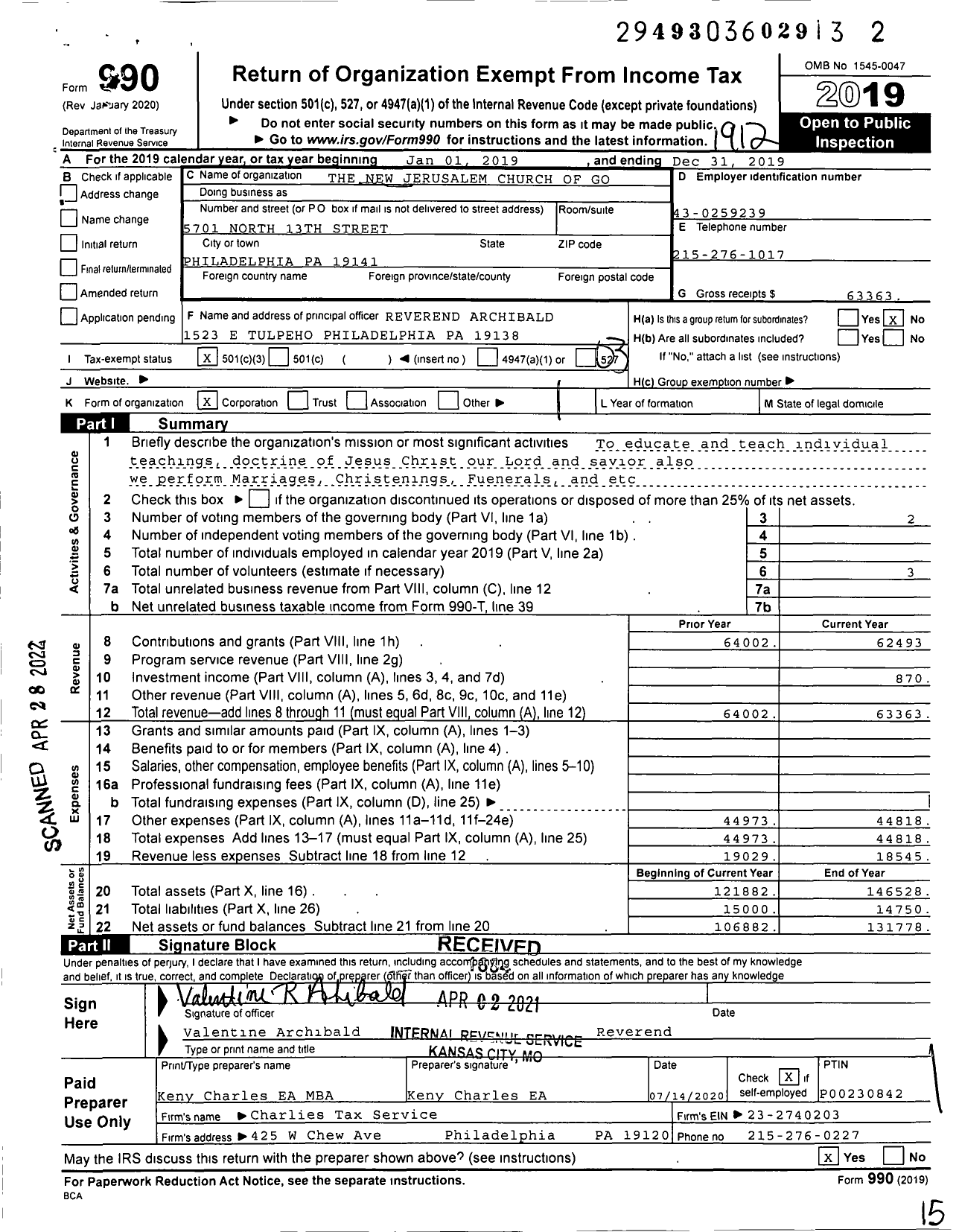 Image of first page of 2019 Form 990 for New Jerusalem Church of God