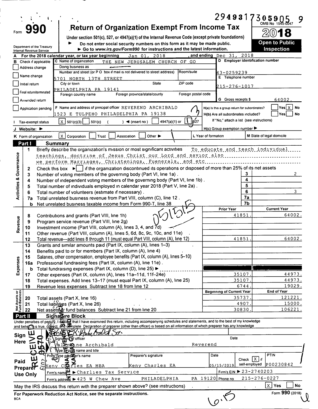 Image of first page of 2018 Form 990 for New Jerusalem Church of God