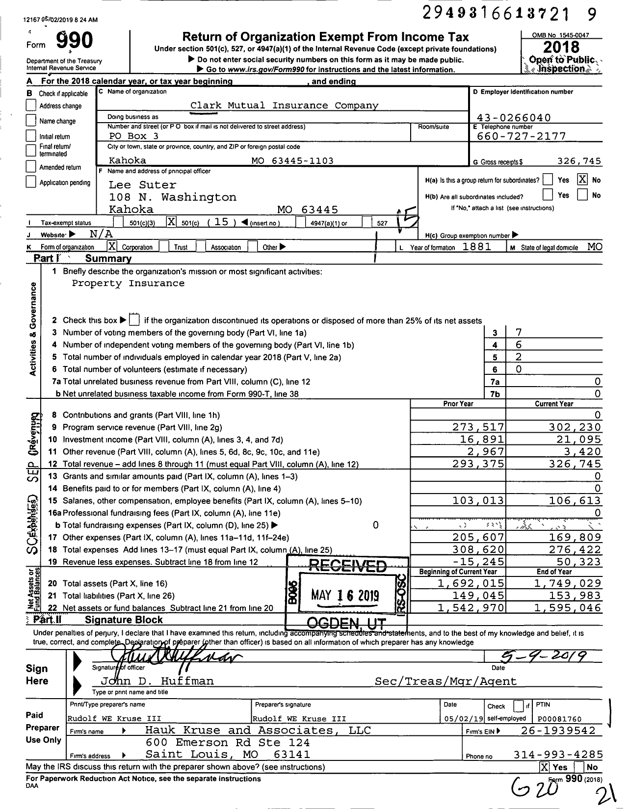 Image of first page of 2018 Form 990O for Clark Mutual Insurance Company
