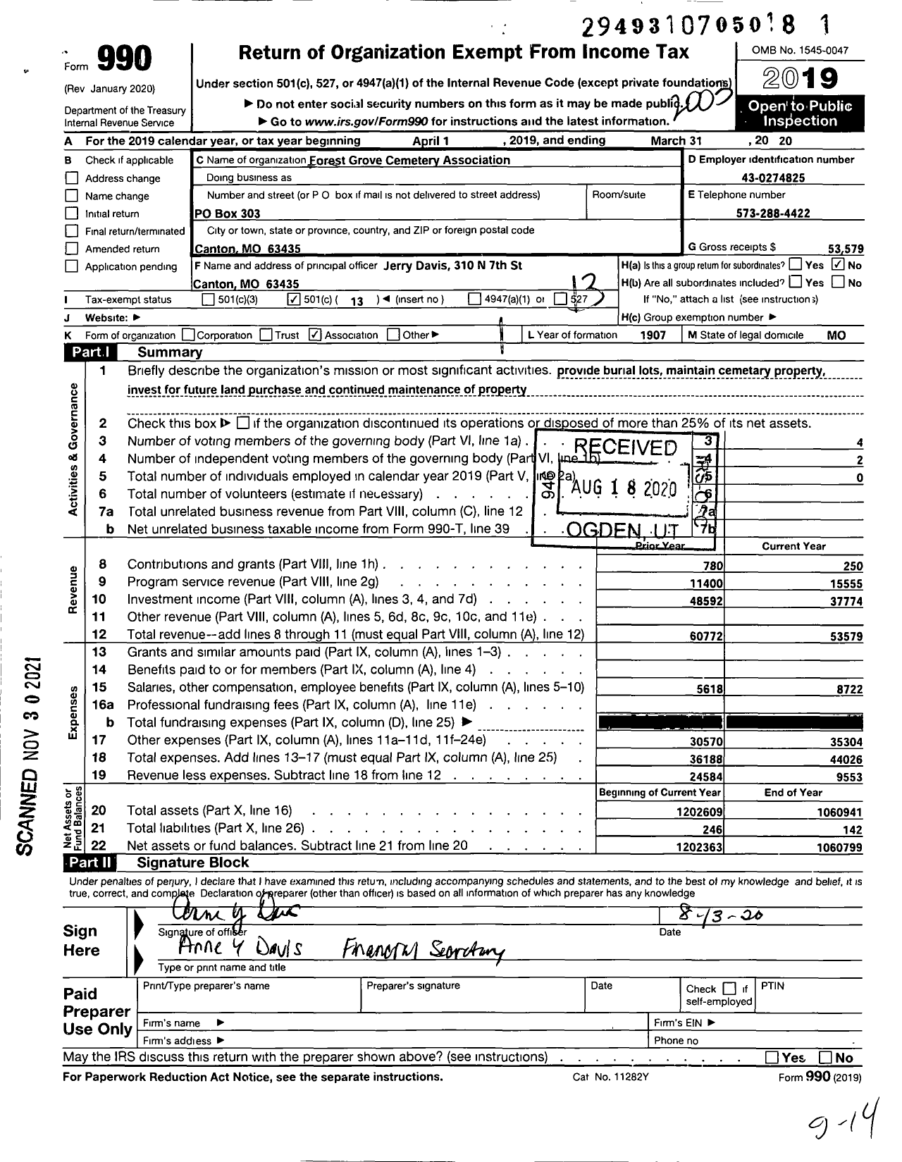 Image of first page of 2019 Form 990O for Forest Grove Cemetery Association