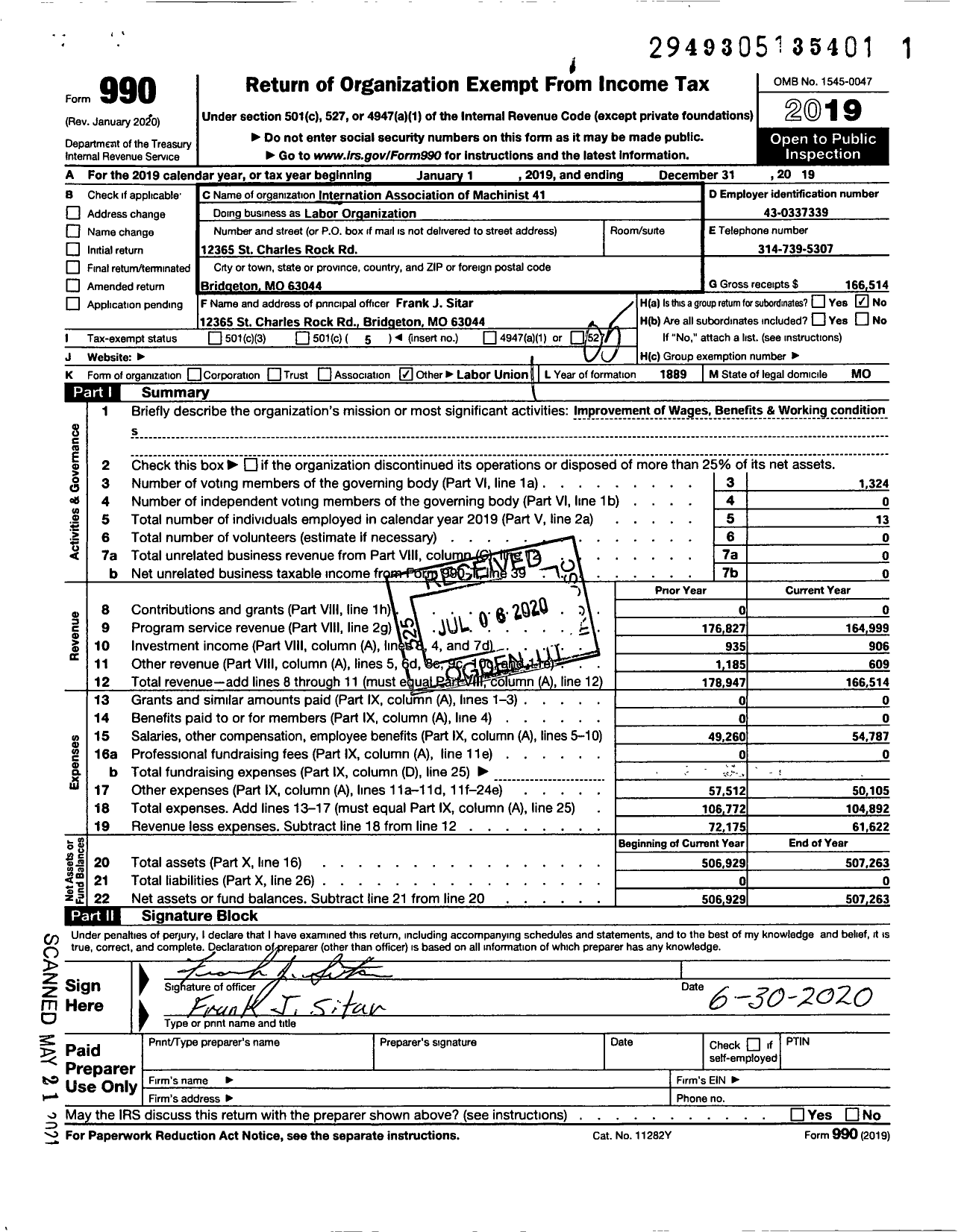 Image of first page of 2019 Form 990O for International Association of Machinists and Aerospace Workers - Labor Organization