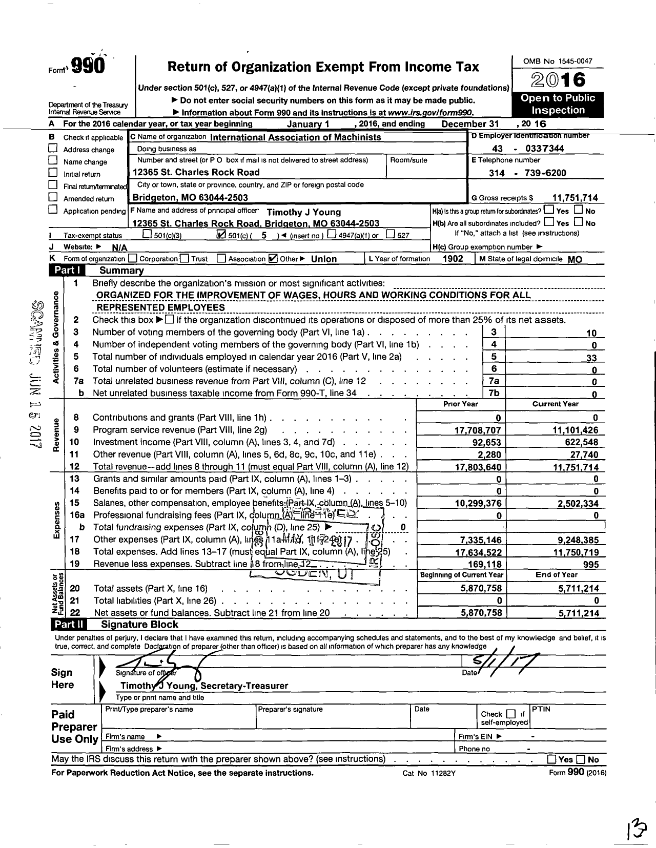 Image of first page of 2016 Form 990O for International Association of Machinists and Aerospace Workers - International Association of Machinists