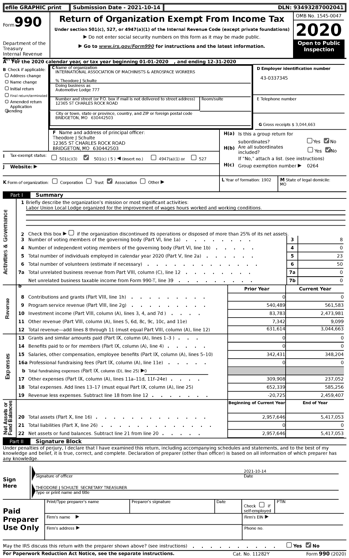 Image of first page of 2020 Form 990 for International Association of Machinists and Aerospace Workers - Automotive Lodge 777