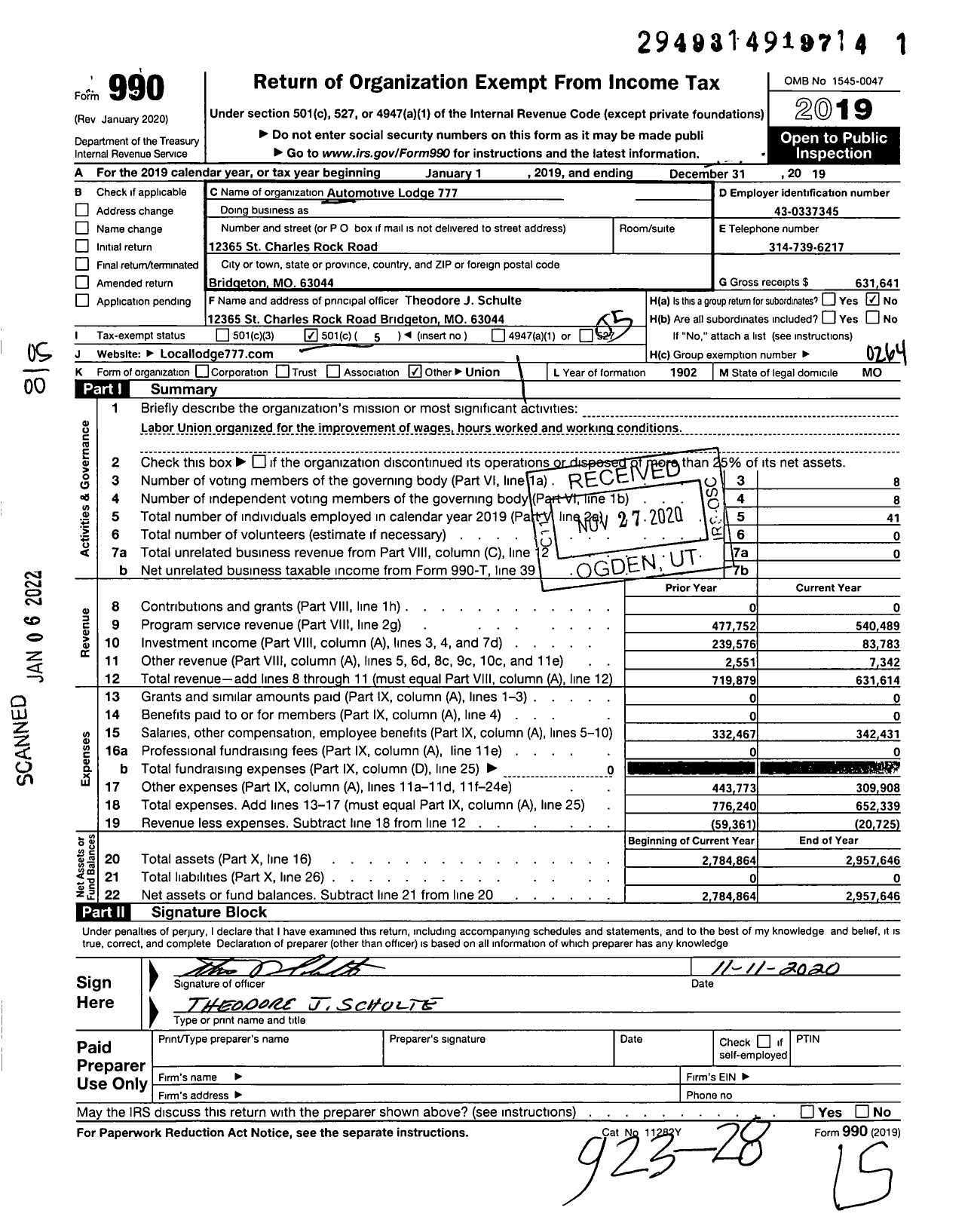 Image of first page of 2019 Form 990O for International Association of Machinists and Aerospace Workers - Automotive Lodge 777