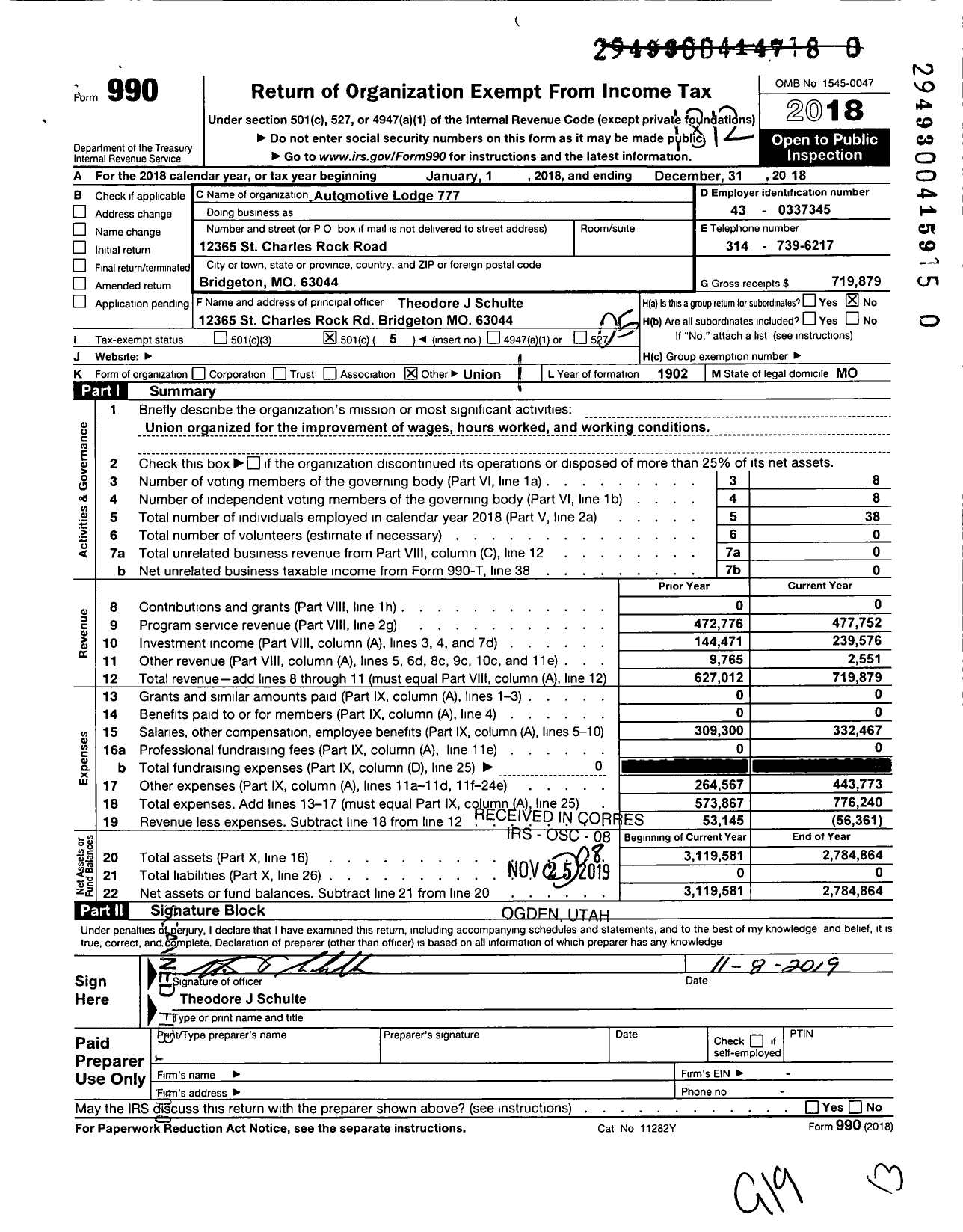 Image of first page of 2018 Form 990O for International Association of Machinists and Aerospace Workers - Automotive Lodge 777