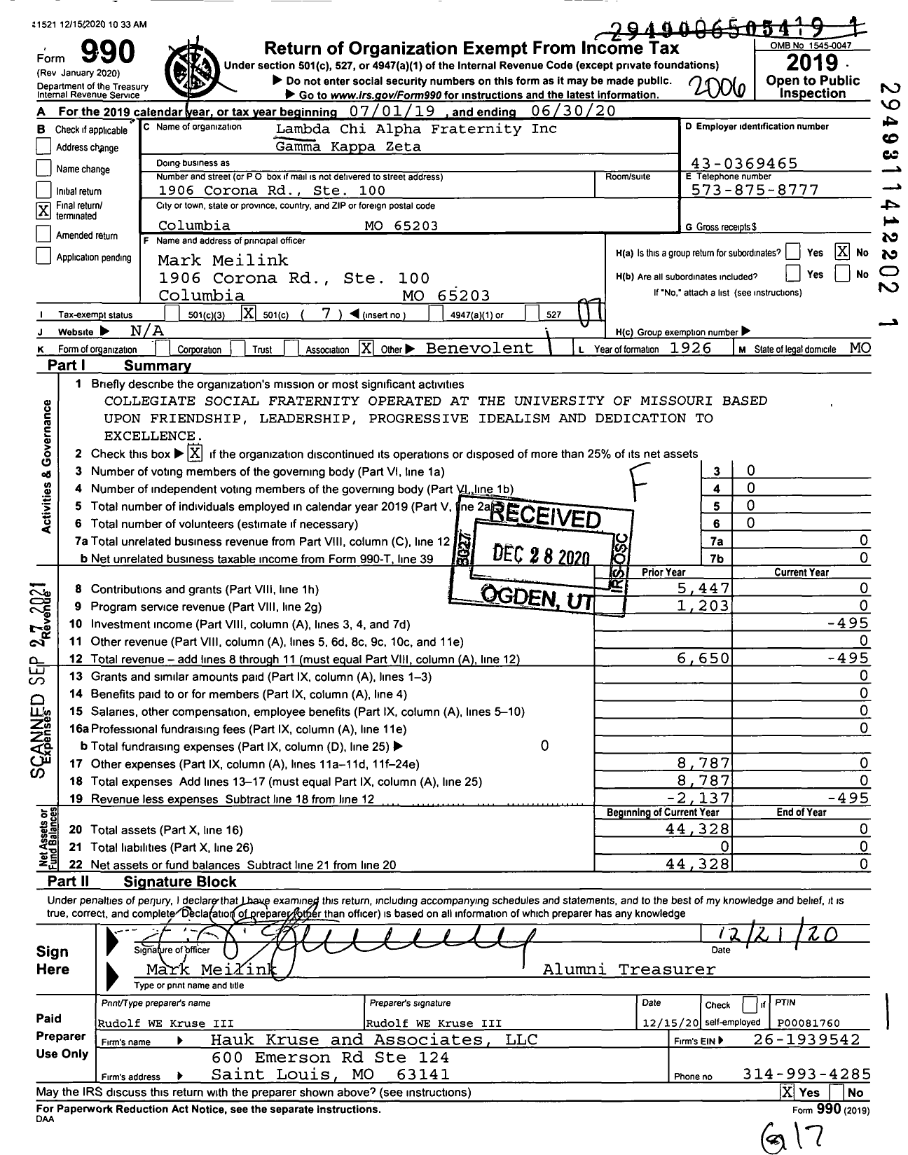 Image of first page of 2019 Form 990O for Lambda Chi Alpha Fraternity Gamma Kappa Zeta