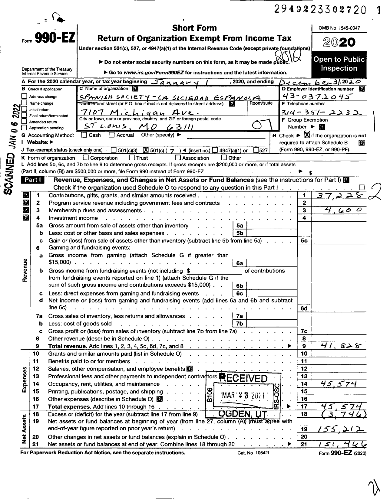 Image of first page of 2020 Form 990EO for Spanish Society La Sociedad Espanola