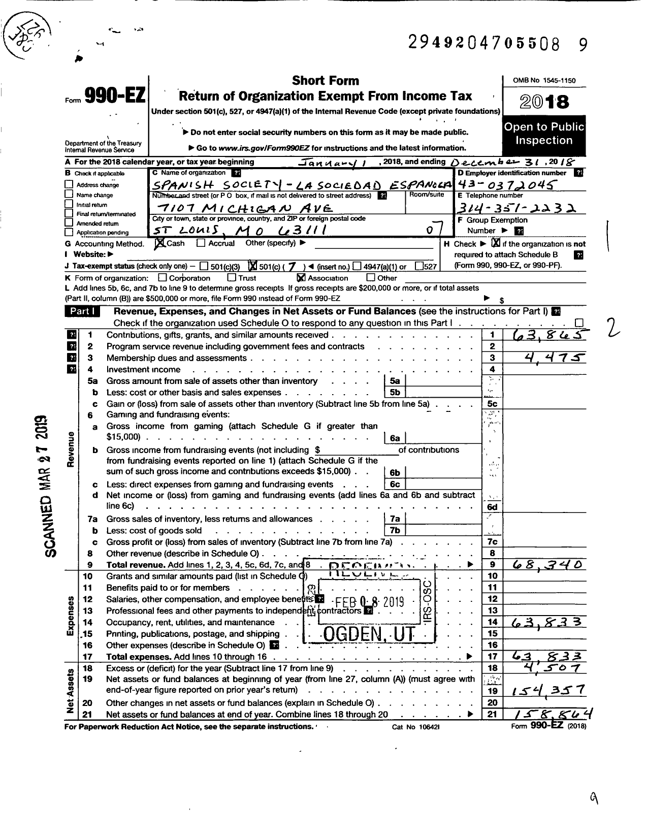 Image of first page of 2018 Form 990EO for Spanish Society La Sociedad Espanola