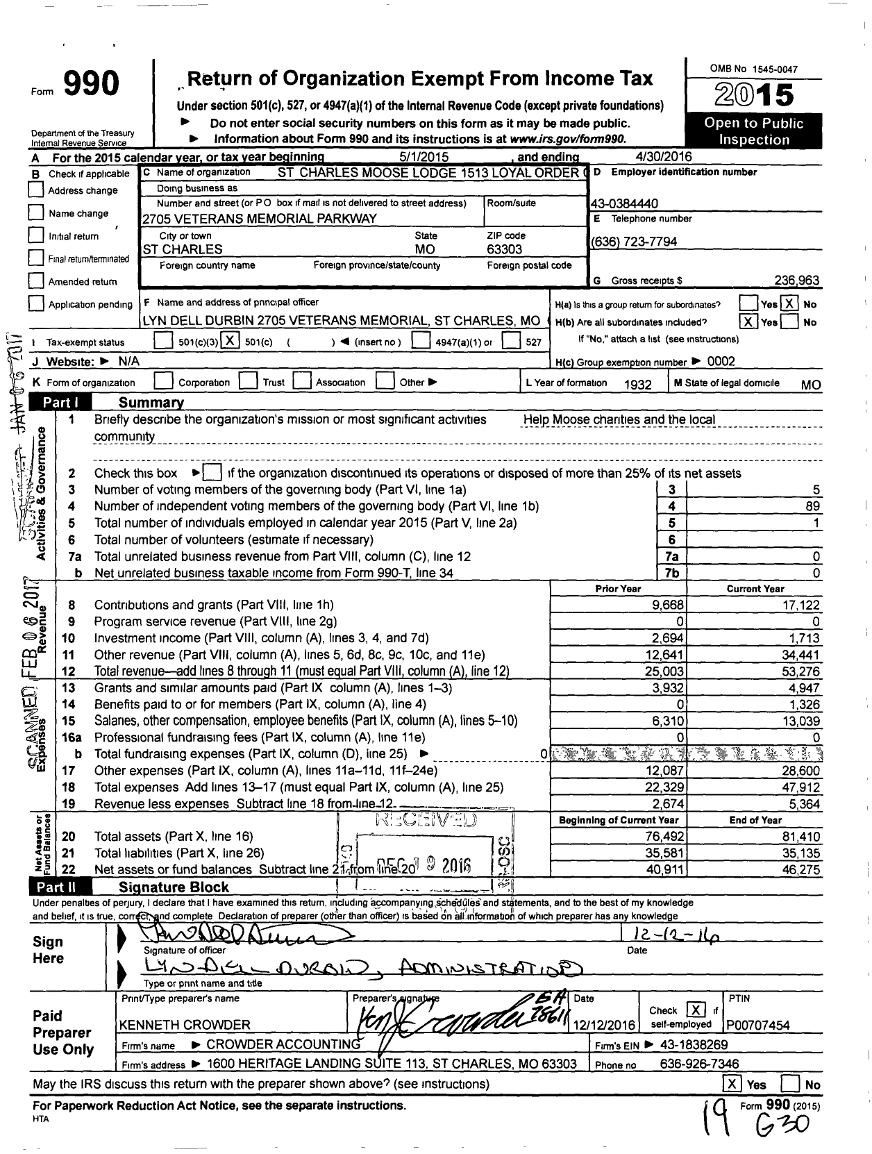 Image of first page of 2015 Form 990O for St Charles Moose Lodge 1513 Loyal Order