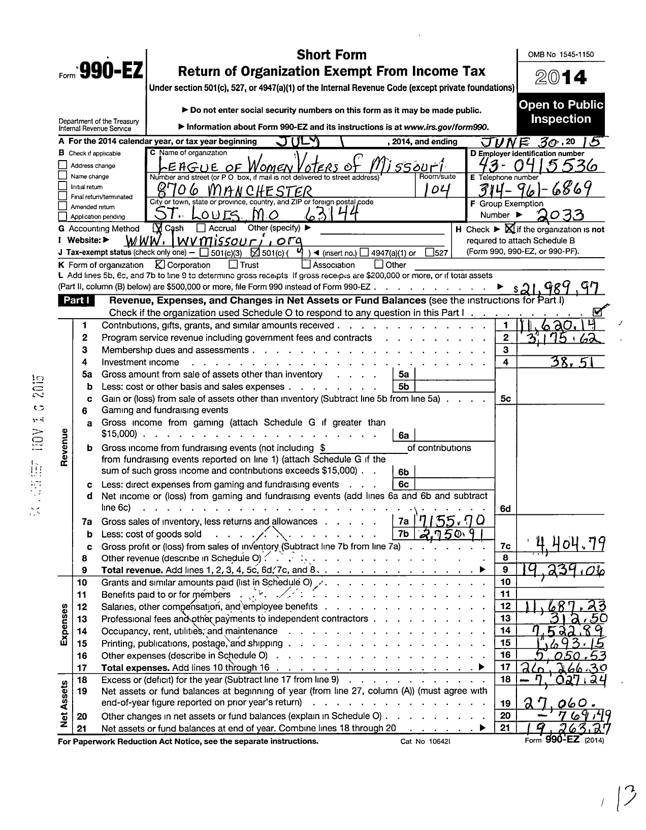 Image of first page of 2014 Form 990EO for League of Women Voters of Missouri