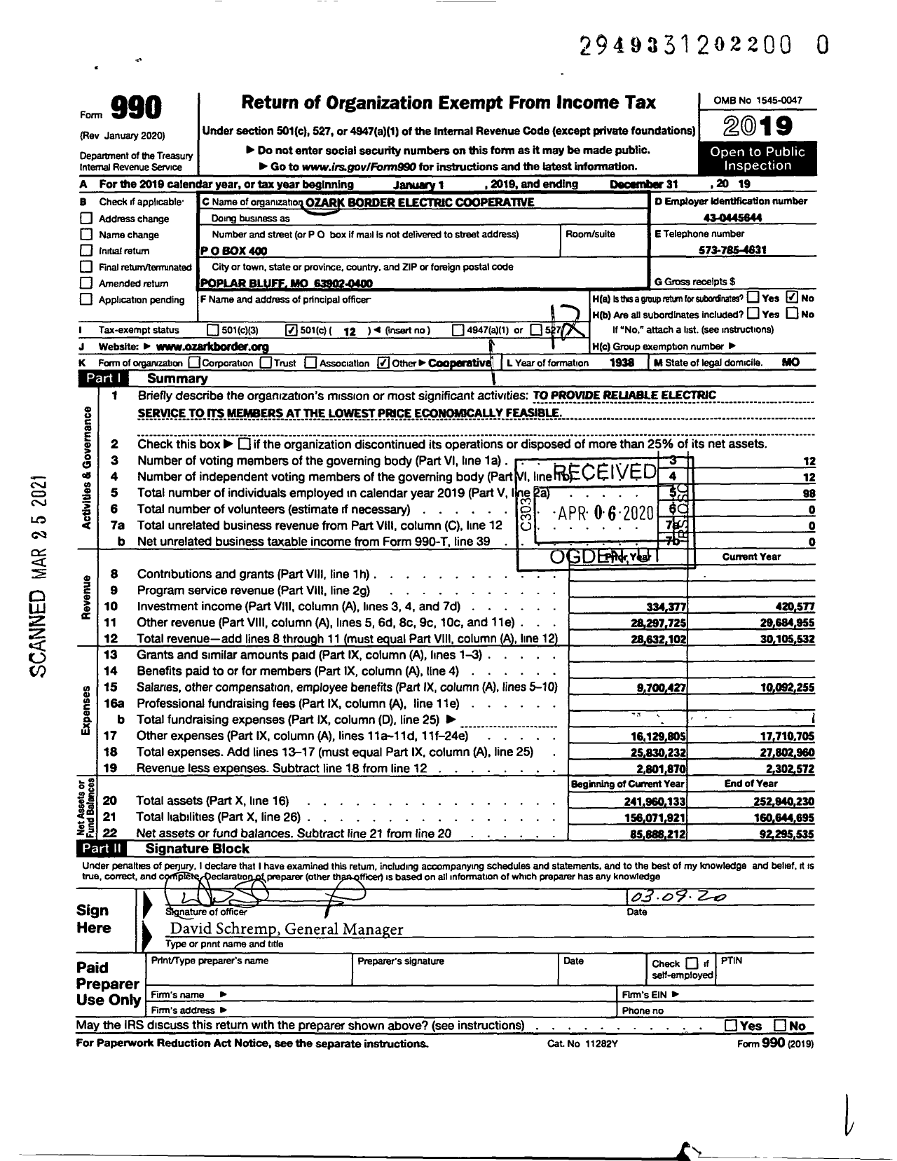 Image of first page of 2019 Form 990O for Ozark Border Electric Cooperative