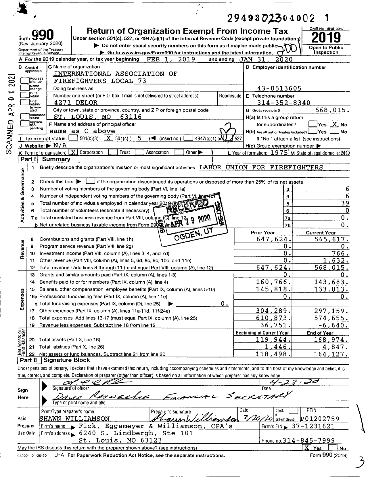 Image of first page of 2019 Form 990 for International Association of Fire Fighters - L0073 Fire & Ems Prof of St Louis