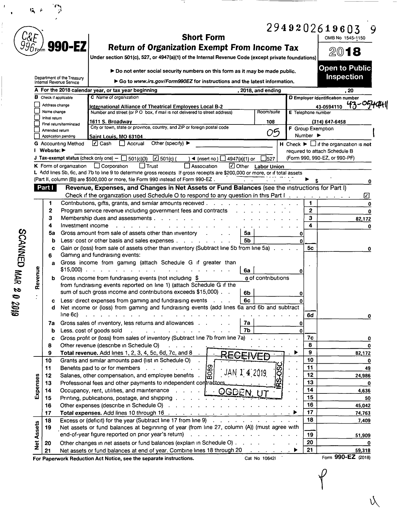 Image of first page of 2018 Form 990EO for International Alliance of Theatrical Stage Employees - B 2 Iatse