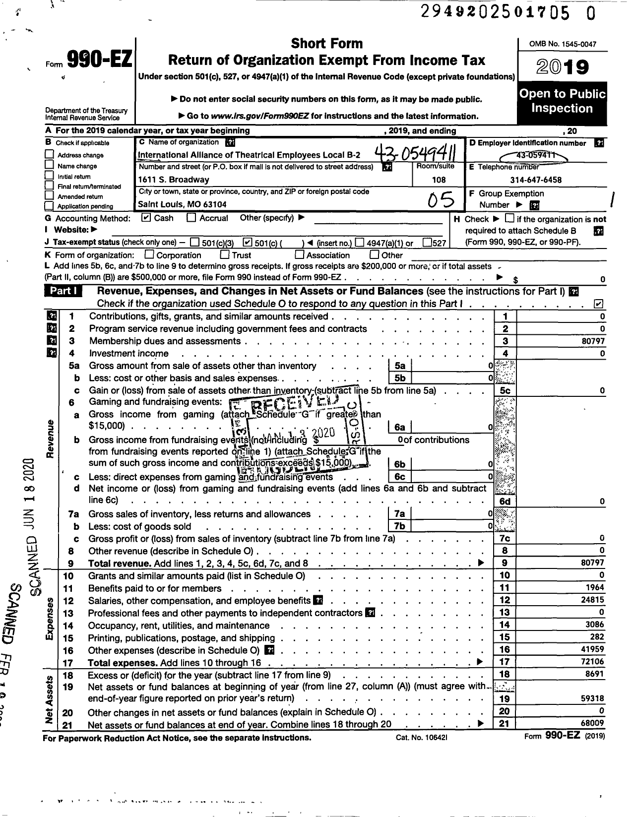 Image of first page of 2019 Form 990EO for International Alliance of Theatrical Stage Employees - B 2 Iatse