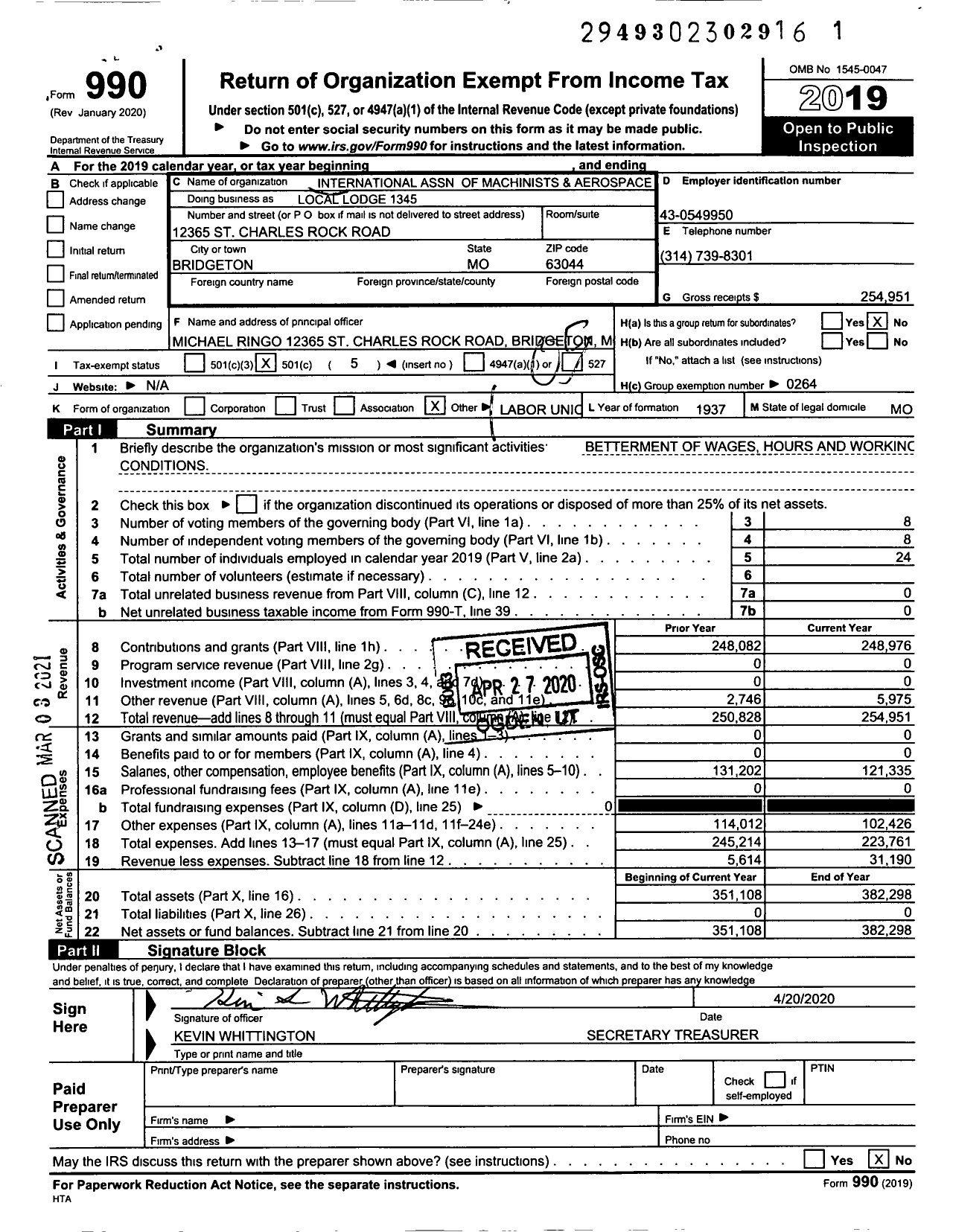 Image of first page of 2019 Form 990O for International Association of Machinists and Aerospace Workers - Local Lodge 1345