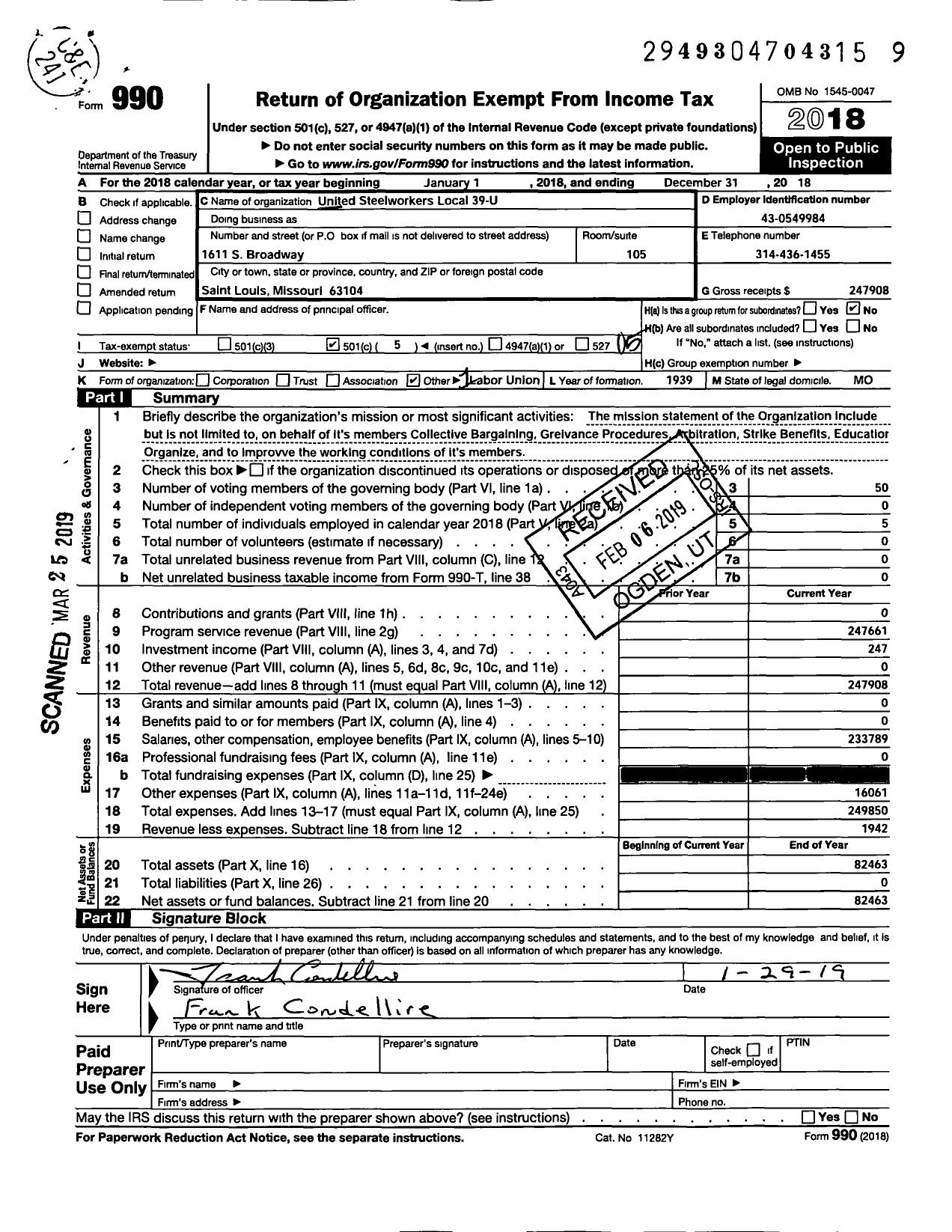 Image of first page of 2018 Form 990O for United Steelworkers - Decorators & Displaymen Awning & Tent Workers Local Union 39