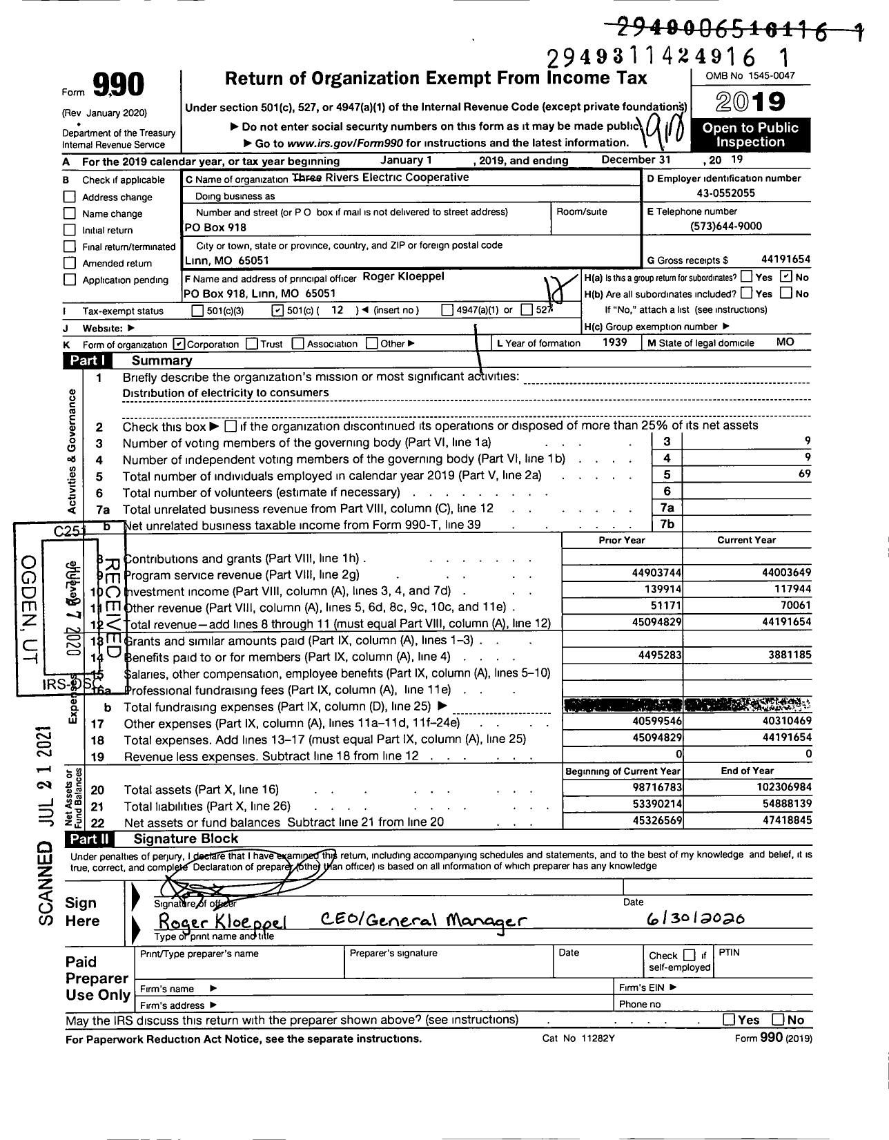 Image of first page of 2019 Form 990O for Three Rivers Electric Cooperative