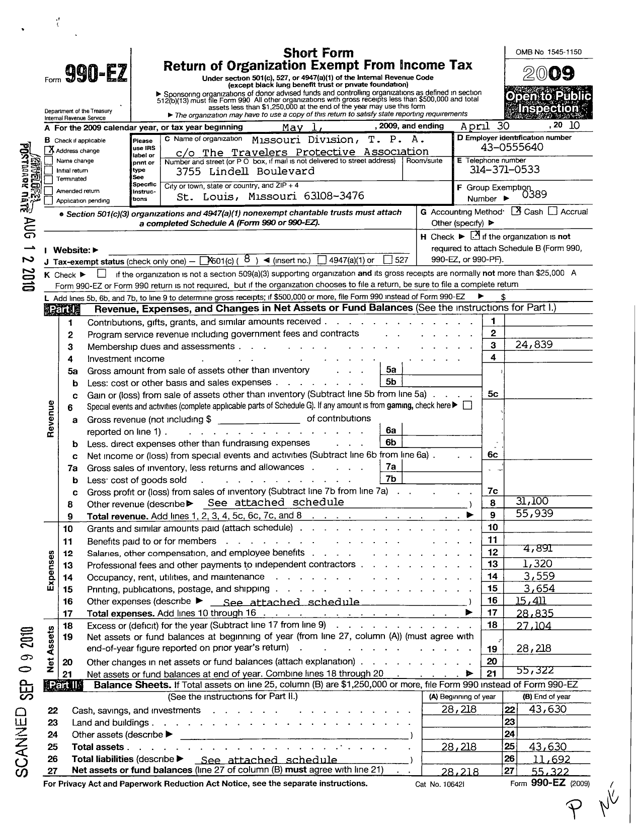 Image of first page of 2009 Form 990EO for Travelers Protective Association of America / Missouri Division