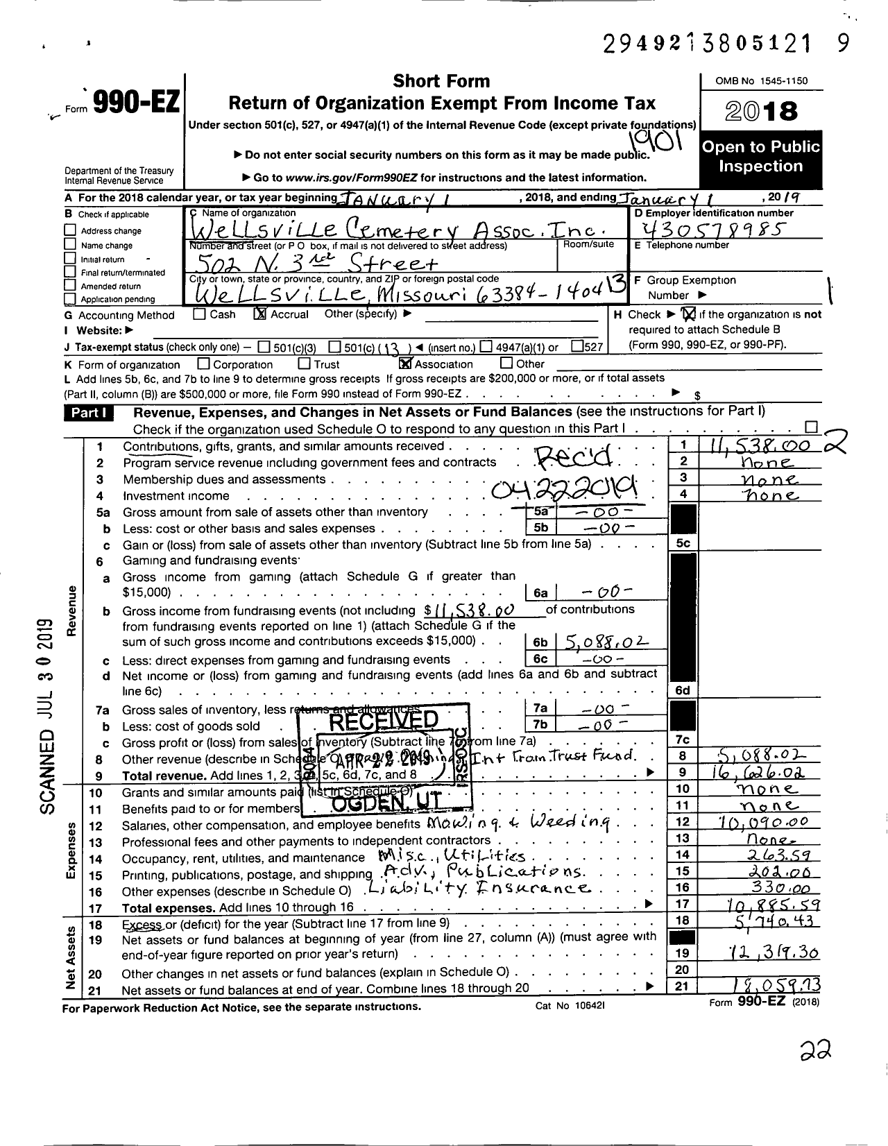 Image of first page of 2018 Form 990EO for Wellsville Cemetery Association