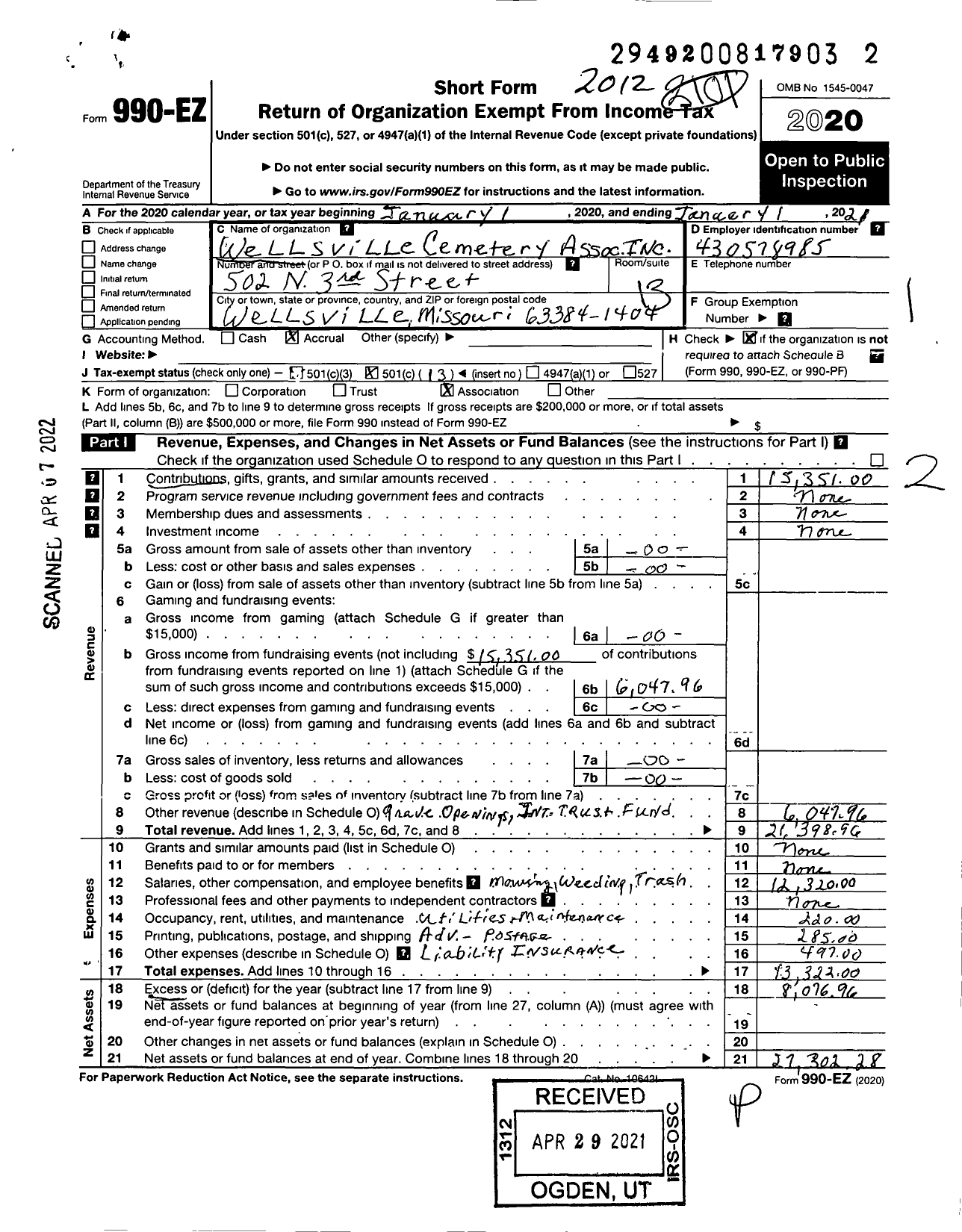 Image of first page of 2020 Form 990EO for Wellsville Cemetery Association