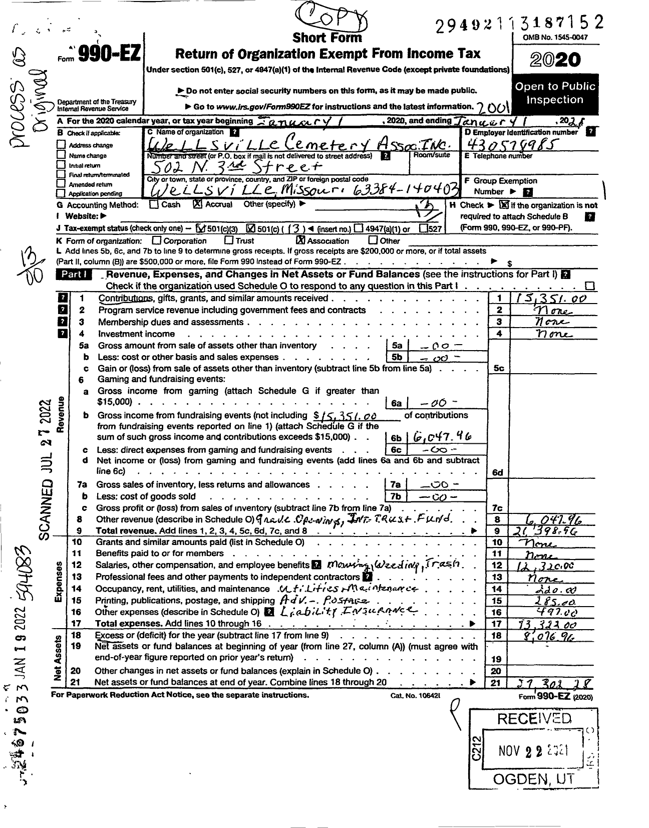 Image of first page of 2019 Form 990EO for Wellsville Cemetery Association