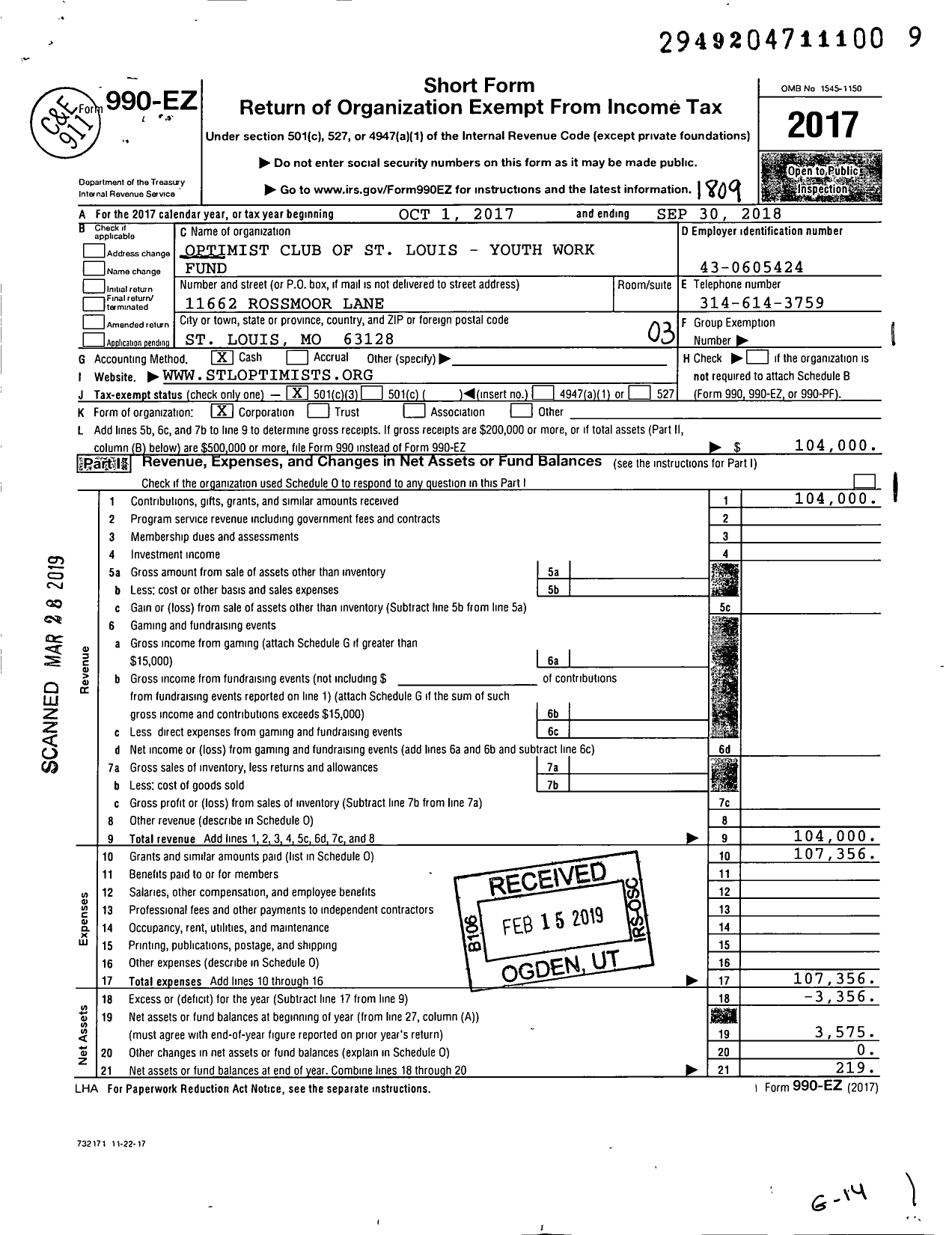 Image of first page of 2017 Form 990EZ for Optimist International - 30390 Oc of St Louis Mo