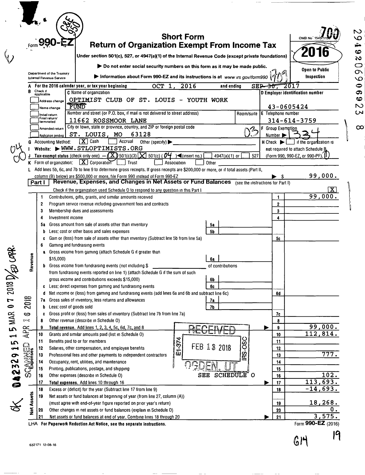 Image of first page of 2016 Form 990EZ for Optimist International - 30390 Oc of St Louis Mo