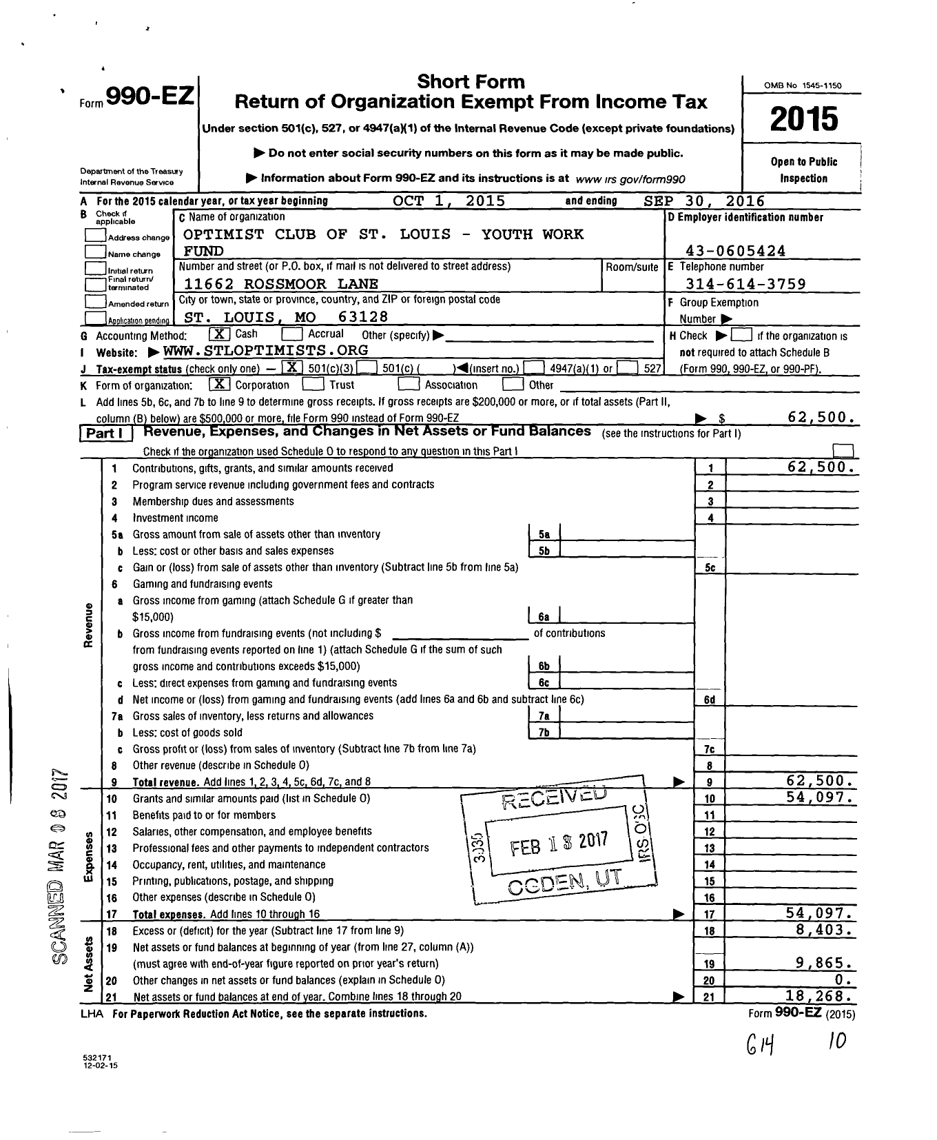 Image of first page of 2015 Form 990EZ for Optimist International - 30390 Oc of St Louis Mo