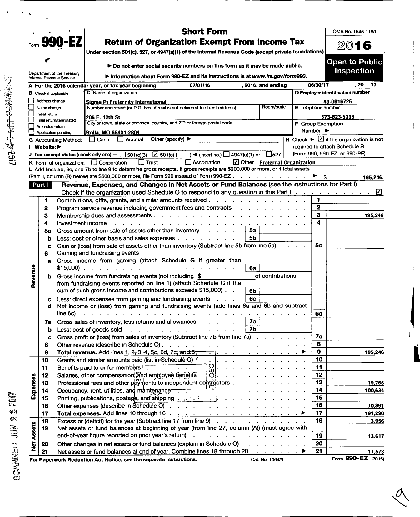 Image of first page of 2016 Form 990EO for Sigma Pi Fraternity International Inc Alpha Iota Chapter