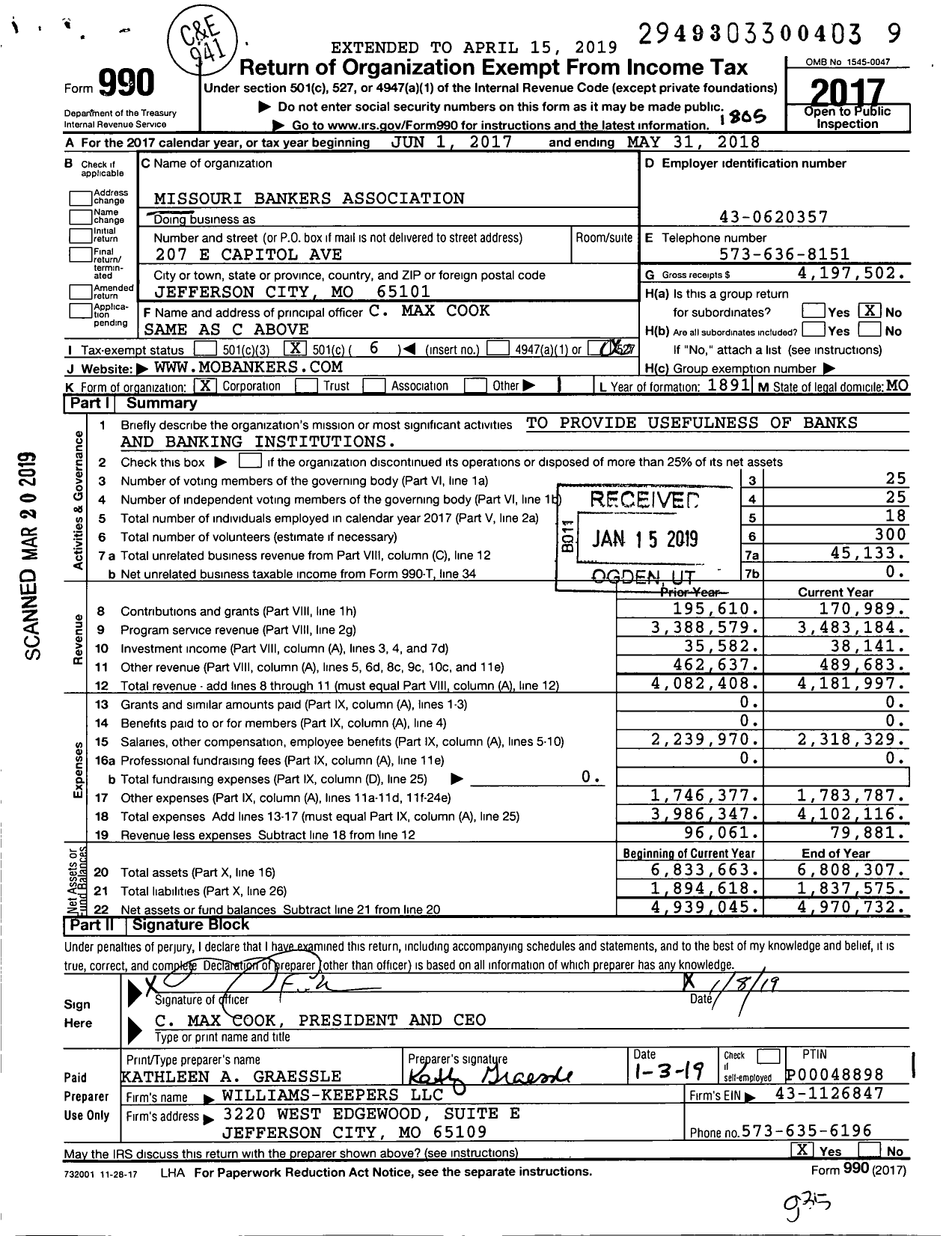 Image of first page of 2017 Form 990O for Missouri Bankers Association